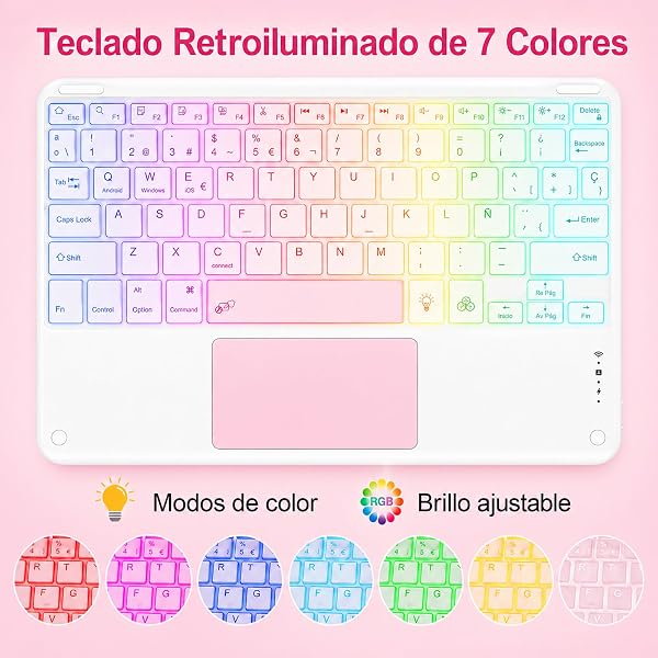 Teclado Bluetooth con Touchpad para iPad,Teclado Español Ñ Inalámbrico Retroiluminado para Tablets,Android,iOS y Windows,Teclado con 7 Colores Recargable Portátil QWERTY para iPad,Samsung,Huawei - 3