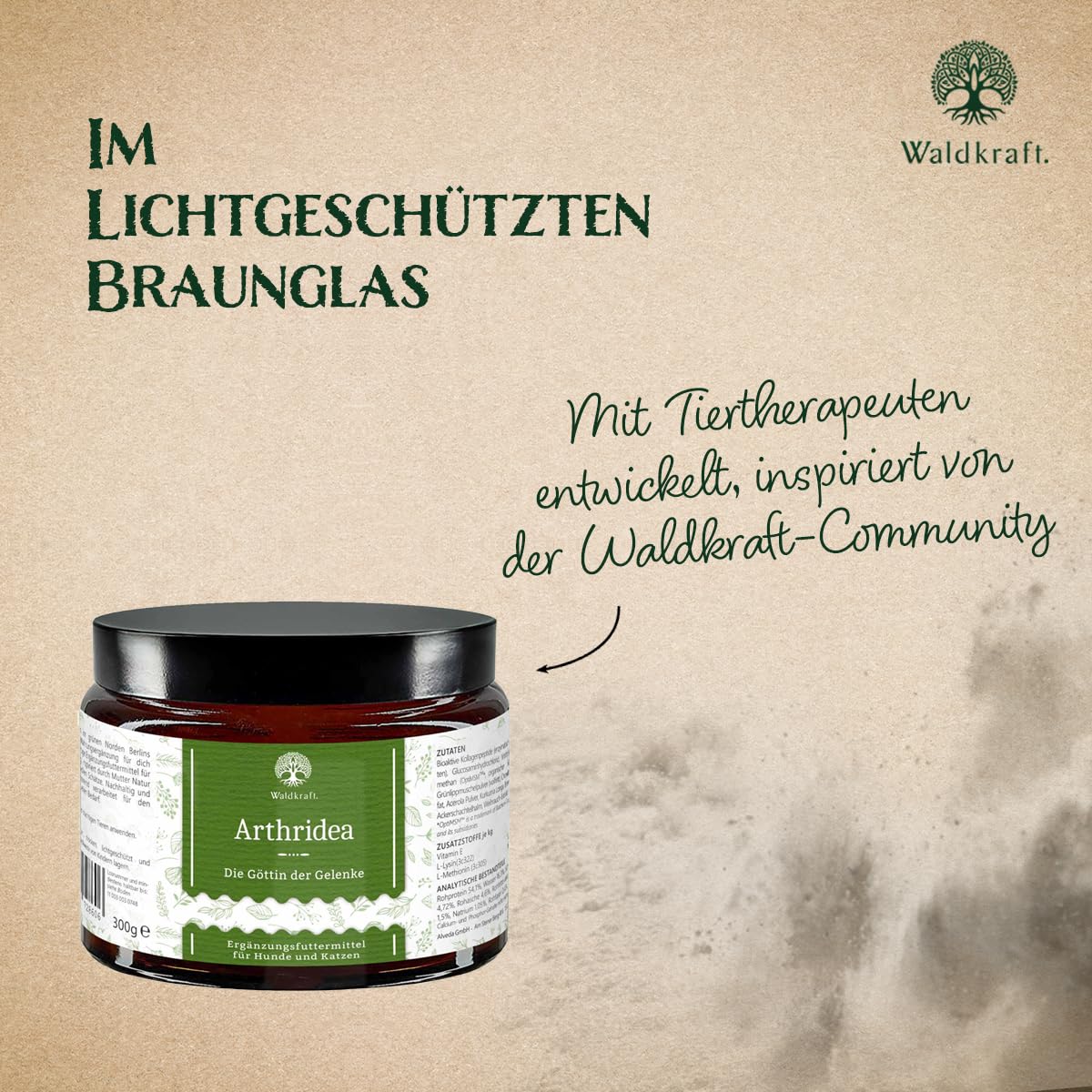 Waldkraft Arthridea Gelenkkomplex für Hunde & Katzen, 300 g Pulver | Mit MSM, Glucosamin, Chondroitin, Kollagen, Grünlippmuschel, Kurkuma & Weihrauch, Lichtschützender Braunglastiegel