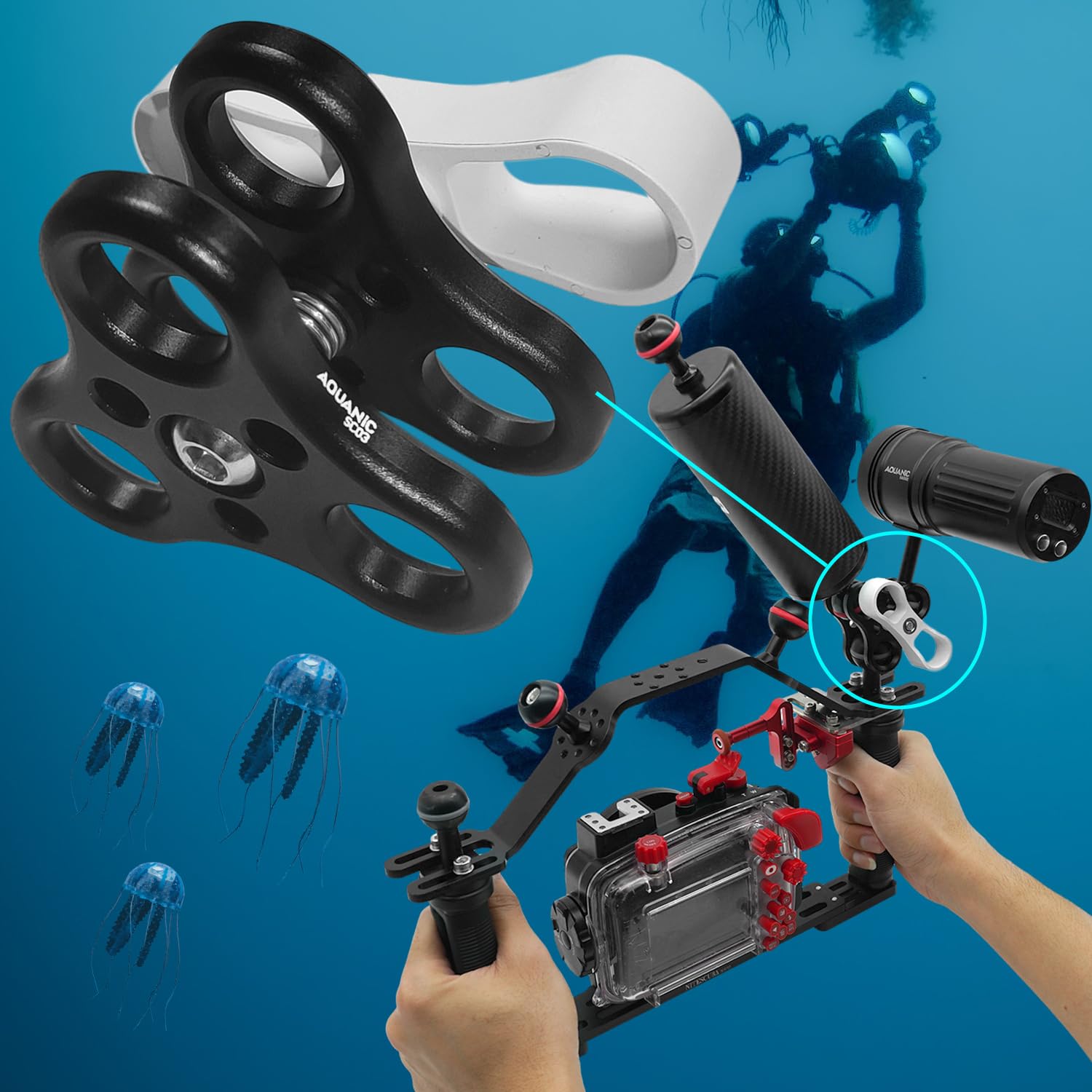 nitescuba 2 soportes de abrazadera de bola estándar de 1 pulgada, soporte de abrazadera de bola larga de 360° para sistema de bandeja de brazo de luz de buceo subacuático (SC03)