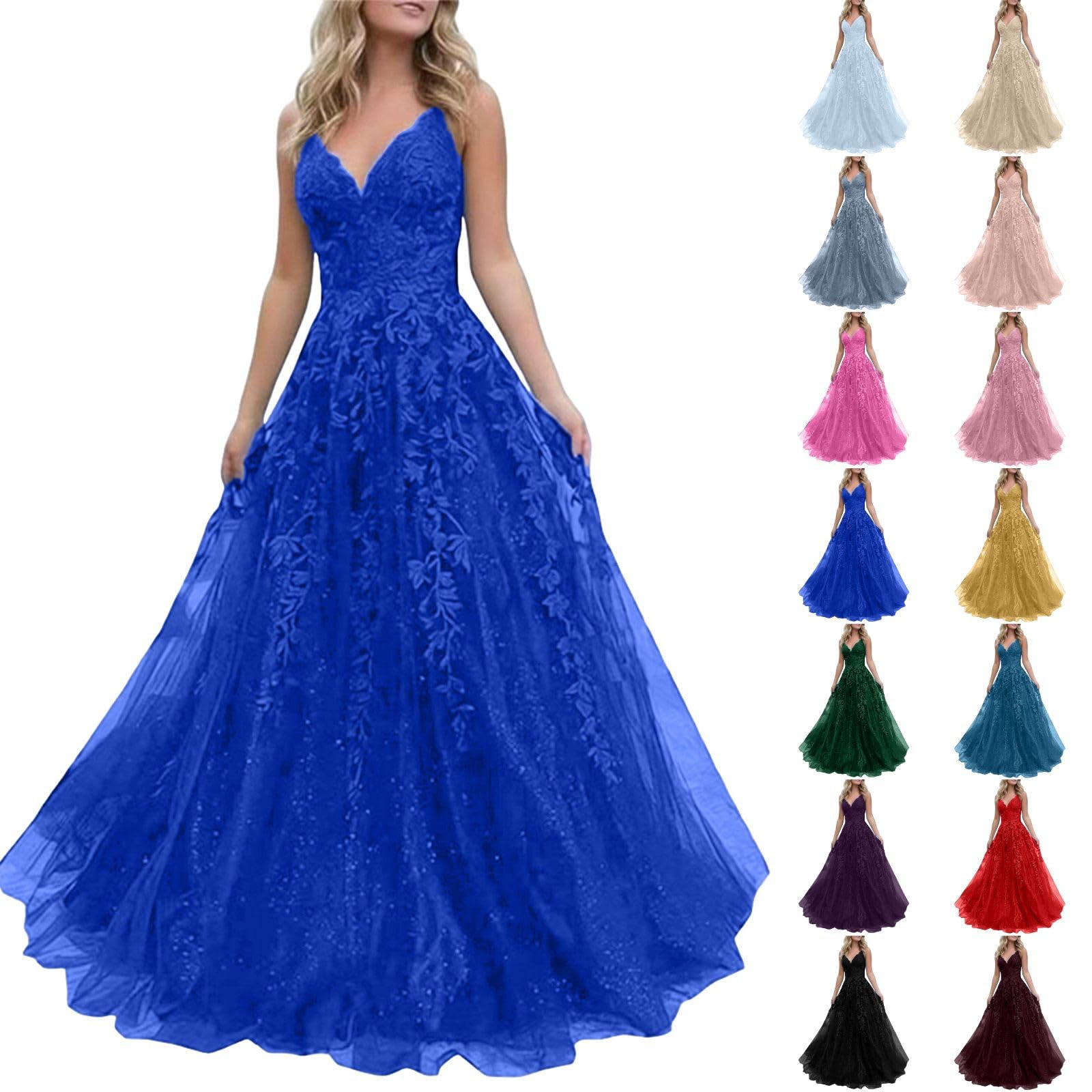 Vestido de noche largo para mujer, vestido de baile, encaje, apliques de cóctel, cuello en V, vestido de graduación, vestido de tul, vestido de fiesta, vestido de fiesta, vestido largo de encaje
