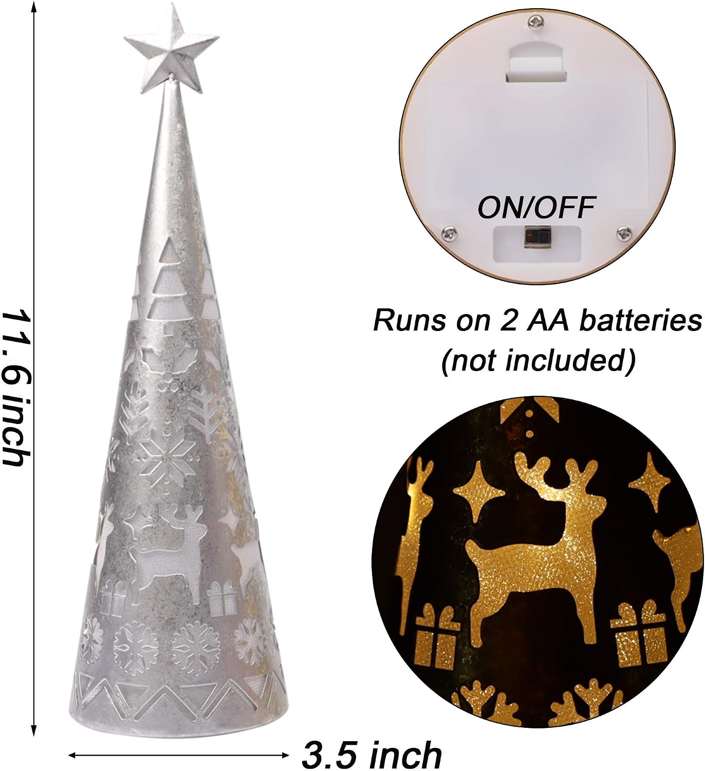 Juegoal 11.6 Inch Lighted Christmas Table Decorations with Star, Cone Shaped 10 LED Lights Battery Operated, Indoor Xmas Holiday Wedding Party Tabletop Desk Ornament, 2 Pack (Gold, Silver)