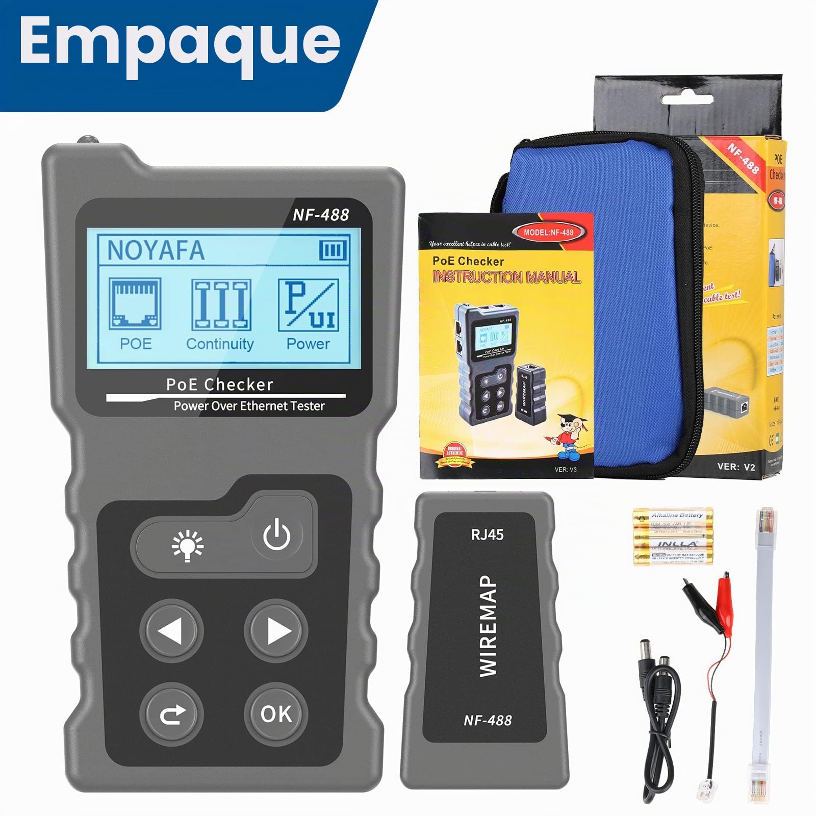 NF-488 Probador de Red RJ45 con Pantalla LCD, Para Comprobar Cortocircuito, Cruce y Rotura de Cables de Red Cat5/Cat6, Prueba de Voltaje y Corriente, Probador de Cable de Red con Función POE