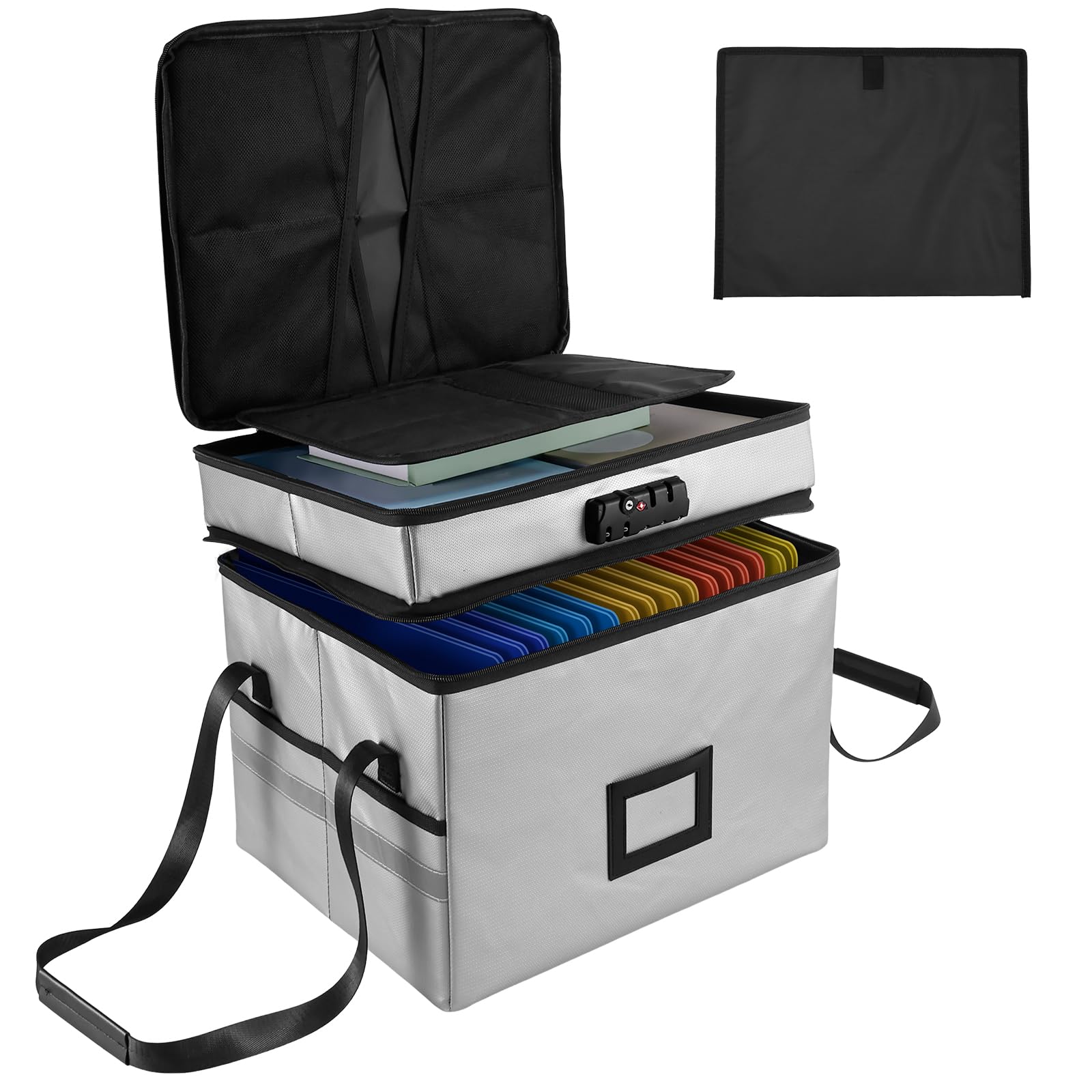 Shaojian Grey Fireproof Document Box With Combination Lock, 2 Layer Foldable File Box Waterproof Fireproof File Organiser With Reflective Strip Adjustable Handle For Important Letters Files Certificate(Grey)