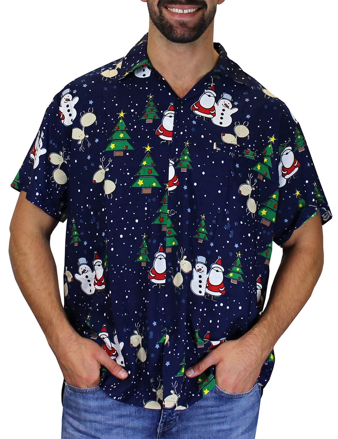 King Kameha Funky-Camisa-Hawaiana Navidad Hombre Manga-Corta Elegante X-Mas Santa-Claus Muñeco-De-Nieve Unisexo