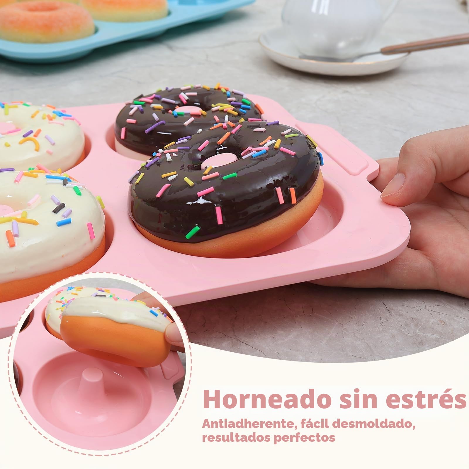 Molde para donuts de silicona 2-piezas: molde para donuts 10,2 cm | 6 cavidades y marco metálico para hornear bagels sin azúcar. Accesorio de cocina antiadherente para hornear (rosa y beige)