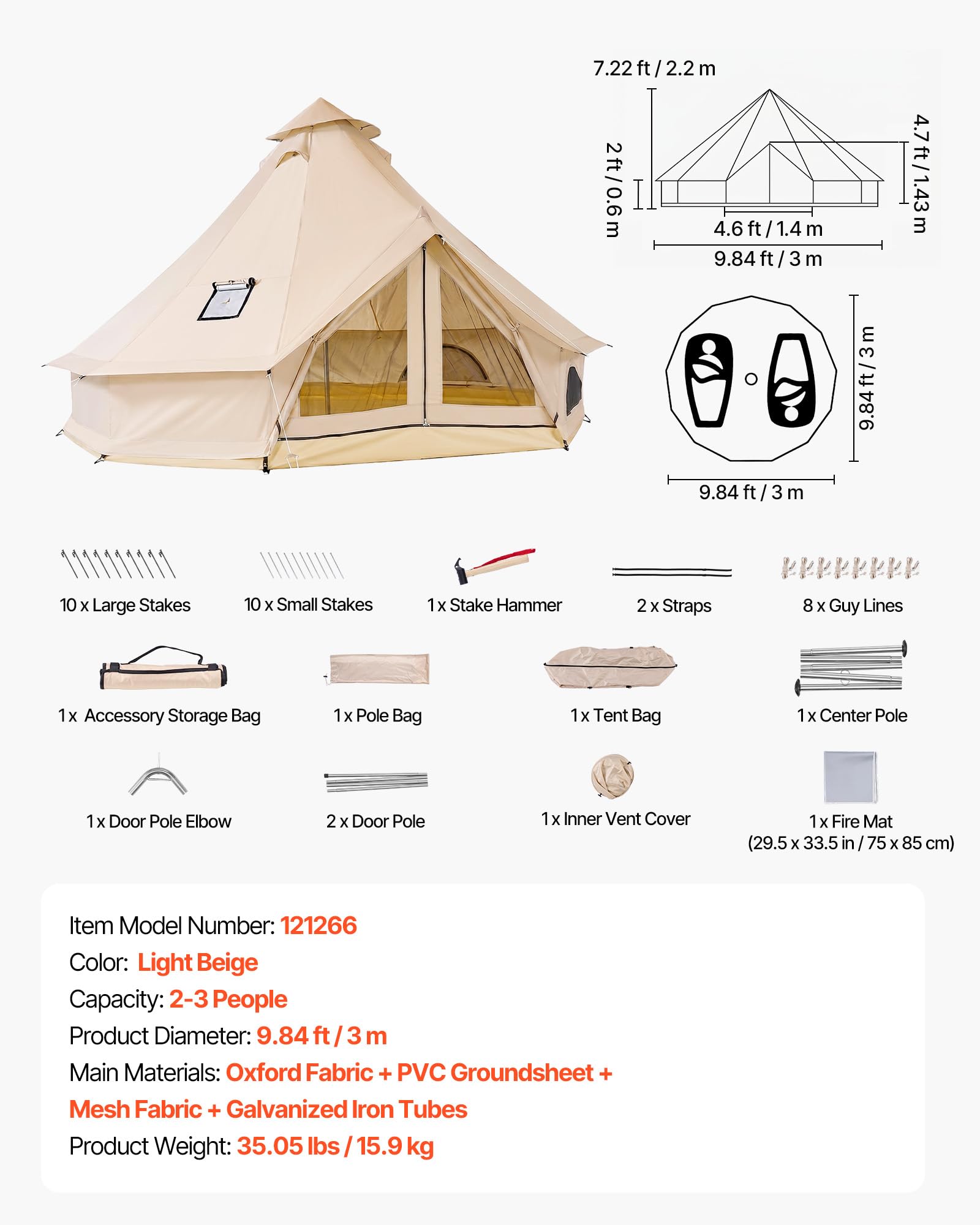 VEVOR Oxford Glockenzelt, 3 m Jurte, 4 Jahreszeiten, mit Ofenrohrdurchführung, bis zu 3 Personen, mit Abnehmbarem Boden (Reißverschluss), ideal für Familien-Camping, & Outdoor-Aktivitäten, Beige