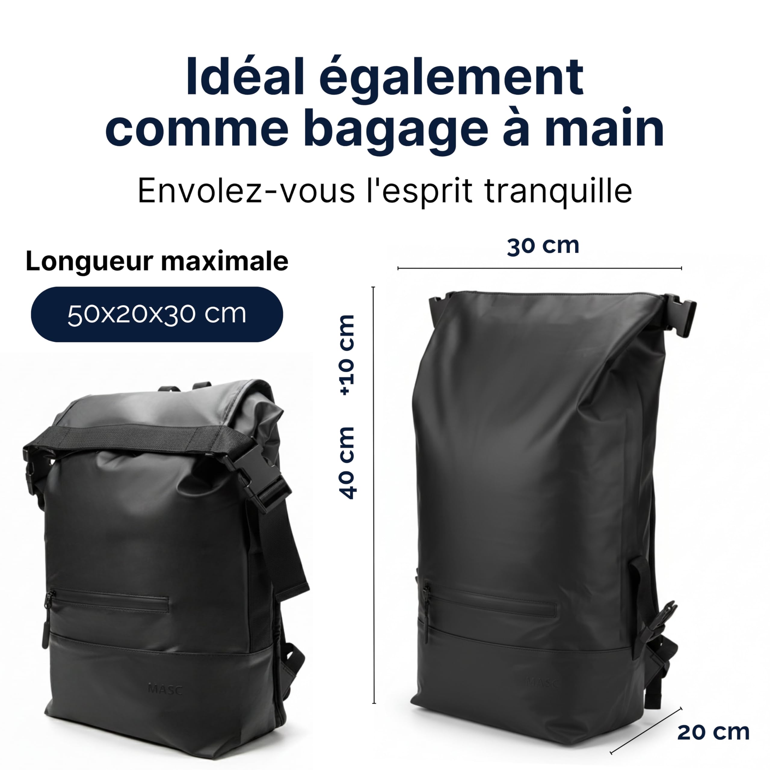 MASC Sac à dos Rolltop pour bureau, sac à dos de travail, porte-PC 17 pouces, élégant et imperméable, parfait pour homme et femme