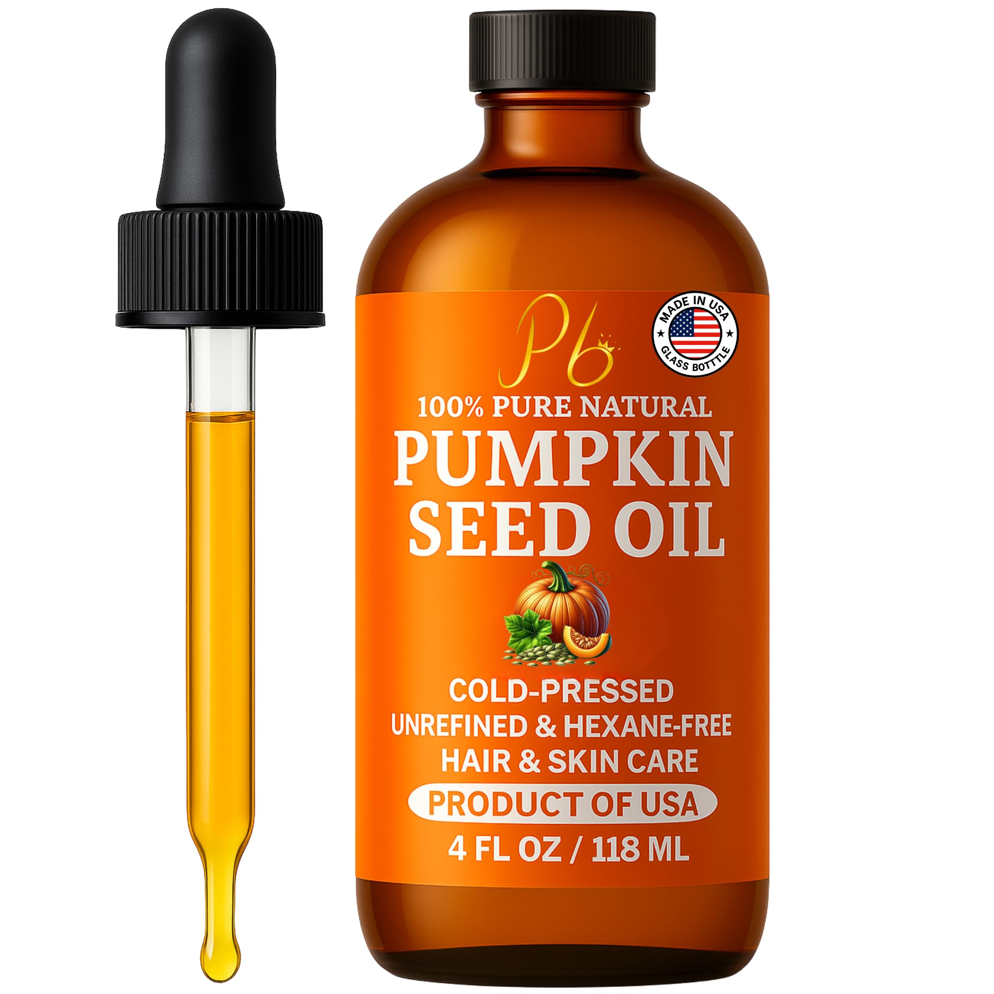 Pumpkin Seed Oil – Cold-Pressed & 100% Pure, Unrefined, Pumpkin Oil for Hair Growth, Dry Skin & Face – Natural Anti-Aging Moisturizer & Hair Oil for Dry, Damaged Hair – Glass Bottle, 4 fl oz
