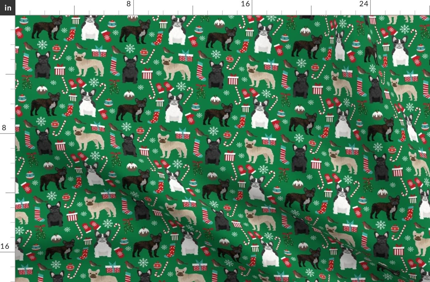 Spoonflower Fabric - French Bulldog Christmas Candy Canes Stockings Snowflakes Winter Green Printed on Organic Cotton Sateen Fabric by The Yard - Sewing Quilting Apparel Home Decor