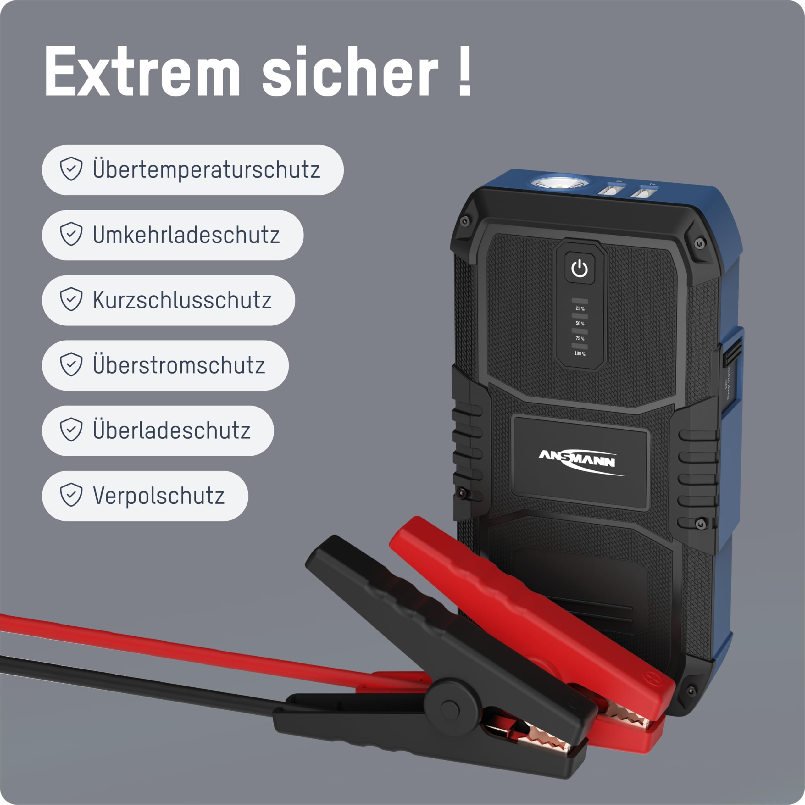 ANSMANN Starthilfe-Powerbank, 1500A, 12V Fahrzeugbatterien, kompakte Starter-Powerbank für Auto, Motorrad & Boot, mit Taschenlampe, 6L Benzin 3L Diesel, schwarz, blau