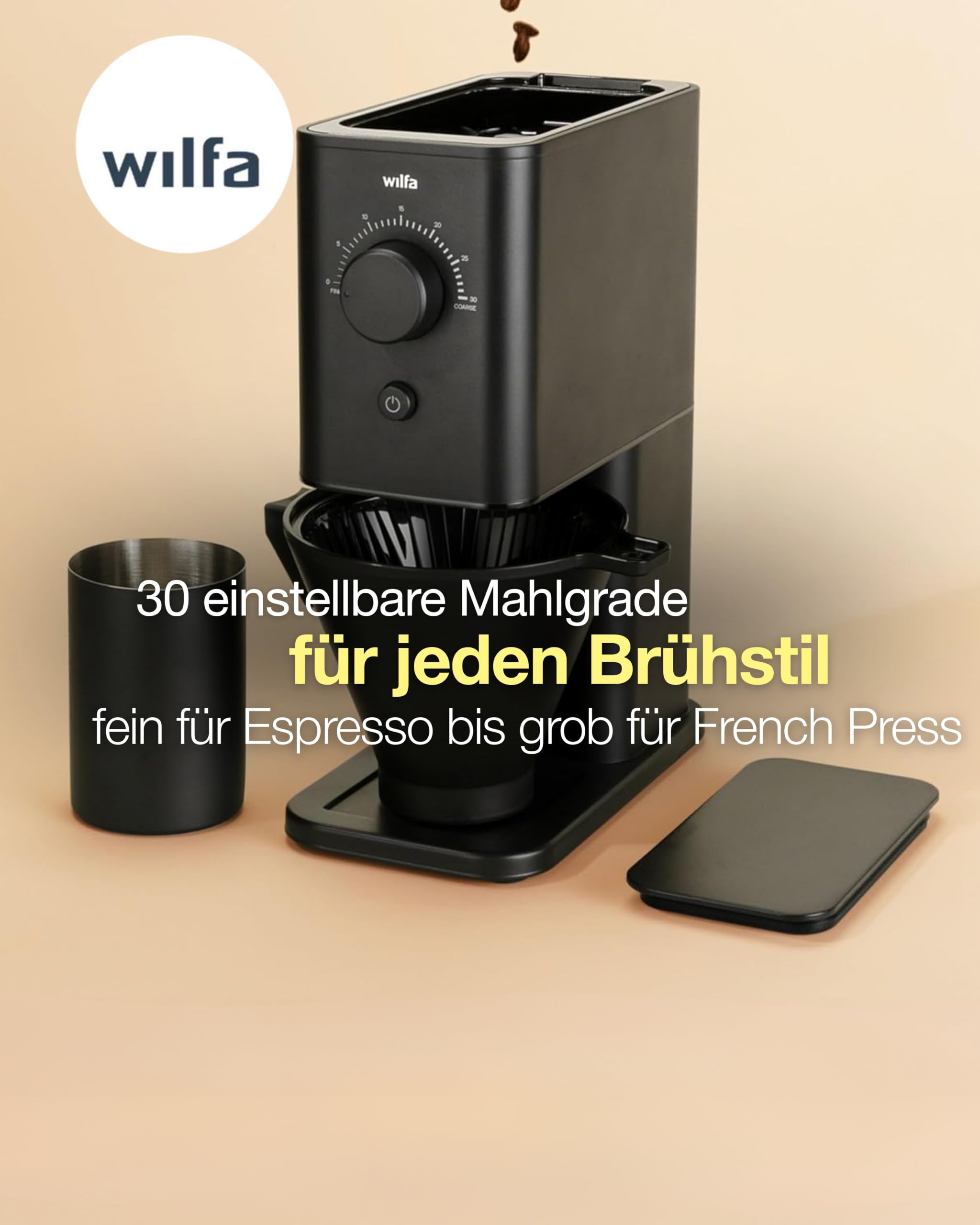 Wilfa Zense Alux Kaffeemühle elektrisch I 30 Mahlgrade für Espresso, Filterkaffee & French Press I 40 mm Edelstahl-Flachmahlwerk I Direkt in den Siebträger mahlen I Antistatik-System IAluminiumgehäuse