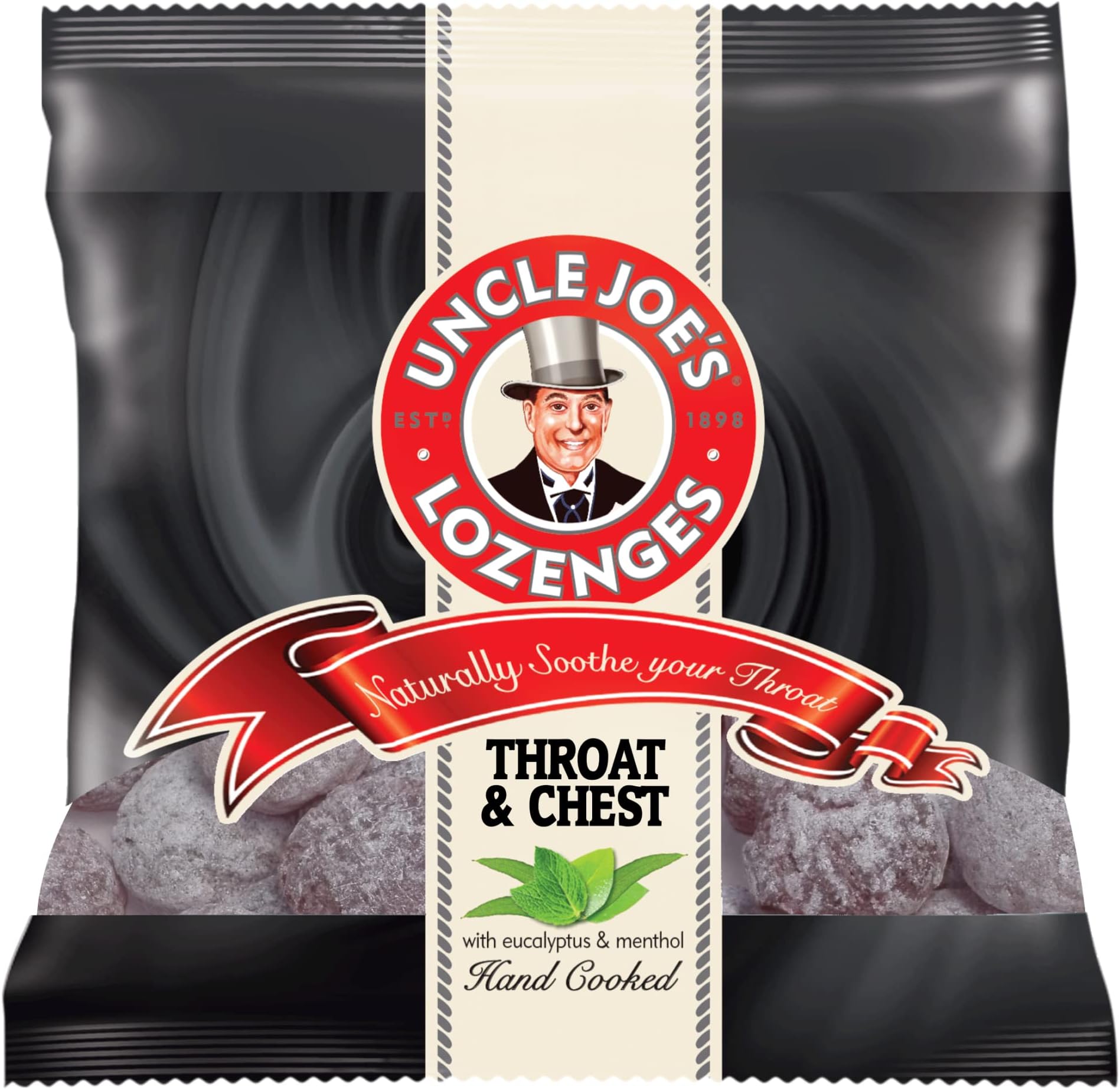 Uncle Joe's Throat and Chest Lozenges in a convenient 70g bag. Natural relief for sore throats and congestion, free from artificial flavors or colors.