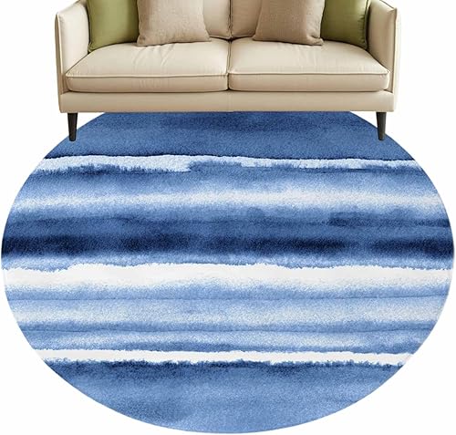 Miniatura 9 de Round Rugs 6 Feet, Blue Stripes Non Slip Area Rugs for Living Room, Bedroom, Barhroom, Entryway, Watercolor Retro Ombre Abstract Tie Dye Art Soft