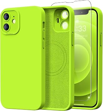 iPhone 12 Mini用デザイン スクリーンプロテクター付きケース - カメラ保護 - ワイヤレス充電対応 - シリコン保護ケース 5.4インチ メンズ レディース ガールズ - 蛍光イエロー