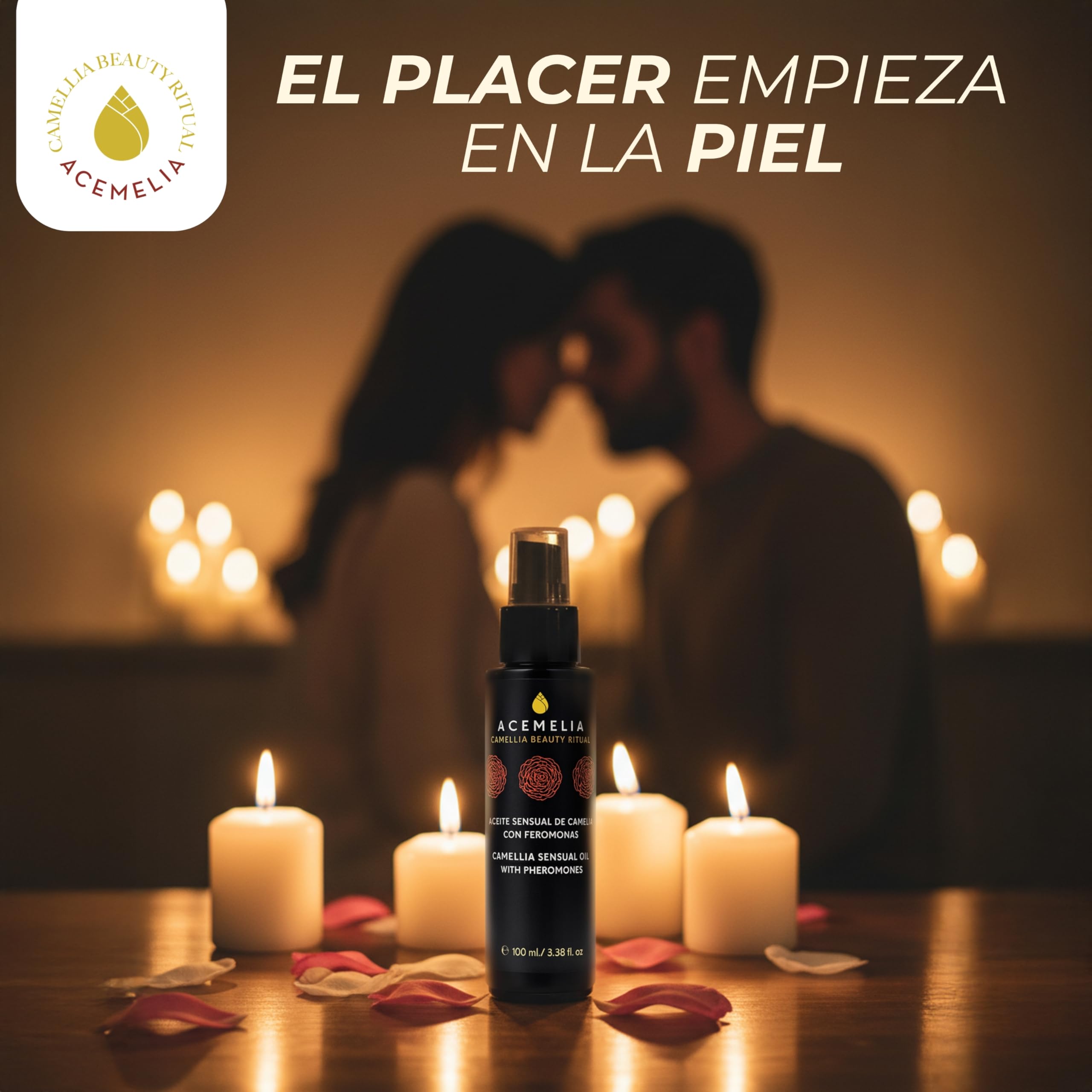 ACEMELIA | Aceite Sensual de Camelia con Feromonas – 100 ml | Aceite de Masaje Erótico Afrodisíaco Natural para Parejas | Nutre, Suaviza y Despierta la Pasión – Vegano y Made in Spain