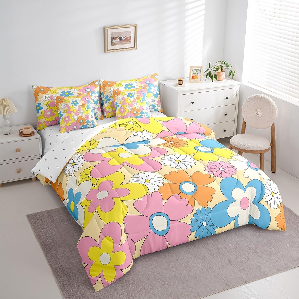 Erosebridal 70S Groovy Flowers Bed in A Bag Full Hippie Colorful Retro Floral Cute Comforter Set Vintage Garden Flower Bedding Set Pastel Botanical Hippy Sheet Set Reversible Bed Set 7 Piece