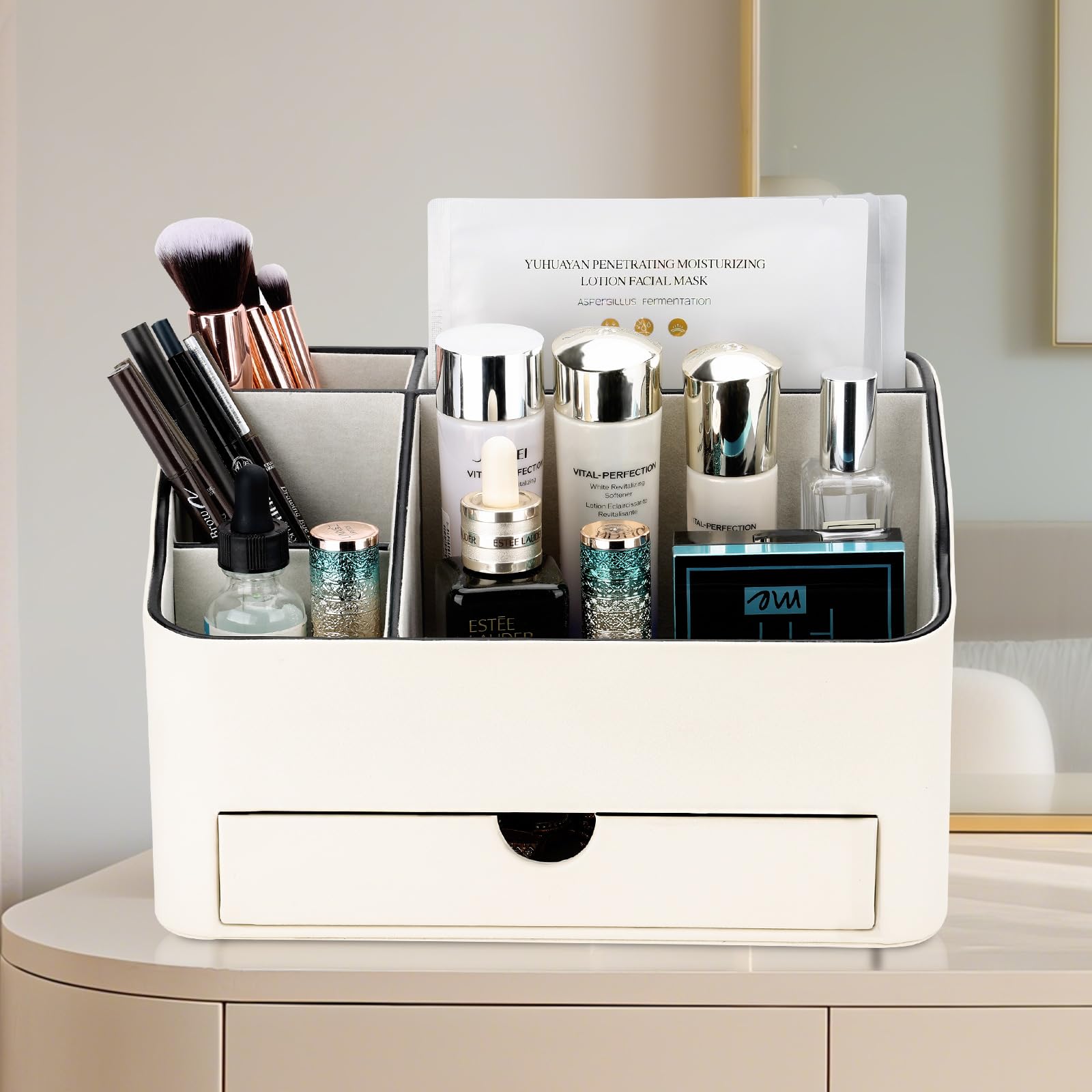 KINGFOM Make-up-Organizer aus PU-Leder mit Schublade, Hautpflege-Organizer für Schminktisch, Kosmetikaufbewahrung für Kommode, Arbeitsplatte, Beauty-Halter für Lippenstift, Pinsel, Hautpflege