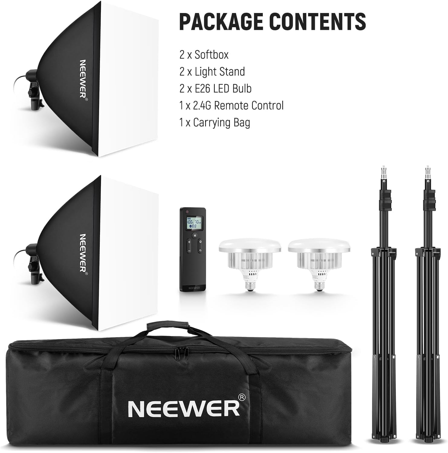 NEEWER 24" x 24" Softbox zestaw oświetleniowy ze stojakiem na statyw, 2 sztuki, 45 W, dwukolorowe żarówki LED 2,4 G, 10 kanałów, 2900 K-7000 K, 1400 lux/m, CRI95, pilot zdalnego sterowania 20 m