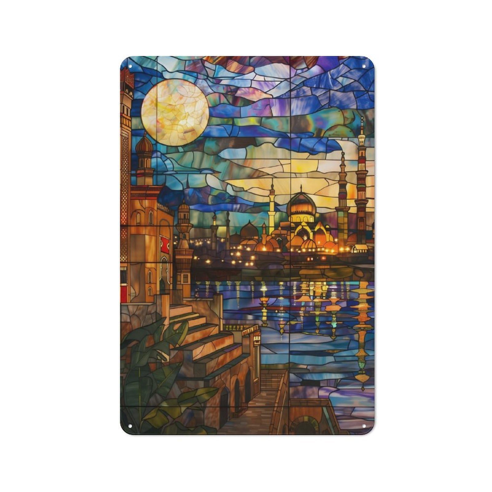 Junmoney Moonlit Cairo Reflection Shed Style Decorative Metal Plaque 30X20cm Featuring Porch Wall Decor For Patio Bar, Workshop, Shed Or Kitchen