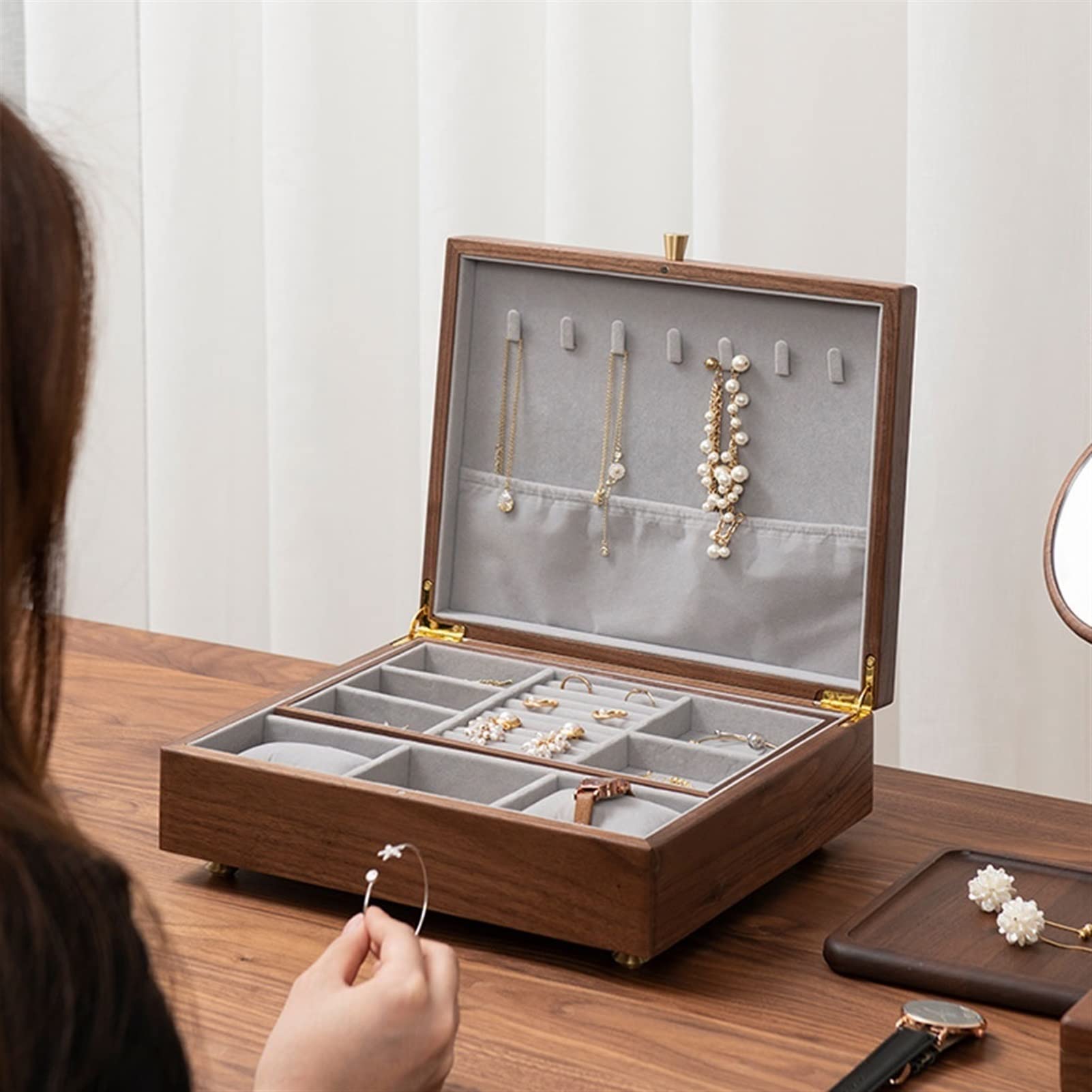 Joyero Decorativo Caja de almacenamiento de caja de joyería de 11.81 pulgadas Caja de joyería pequeña Caja de nuez negra Se puede almacenar anillo de pantalla Pulsera Pendientes Pendientes Reloj Cajas