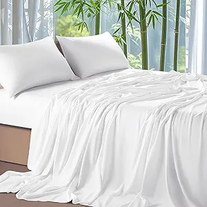 Shilucheng 100% Viscose Derived from Bamboo_ Sheets Cal King Size 4pcs - Ultra Cooling & Silky Soft Bed Sheets, 16" Deep Pocket, Perfect for Hot Sleepers, Hotel Bedding Sheets (White)