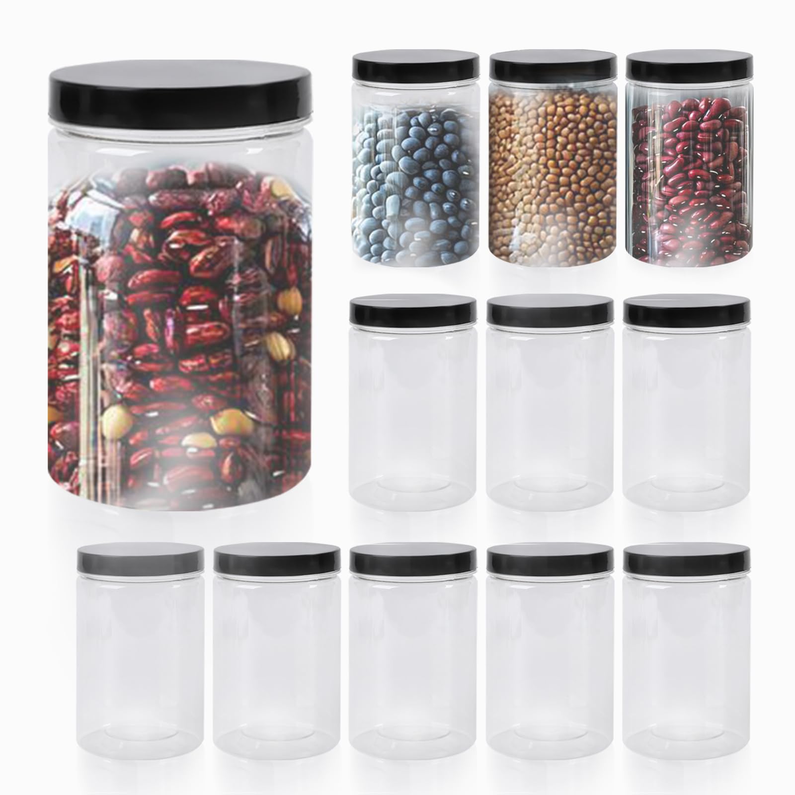 Lot de 12 bocaux en plastique transparent de 946 ml avec couvercles, grands récipients de rangement pour la maison, les bonbons, la cuisine