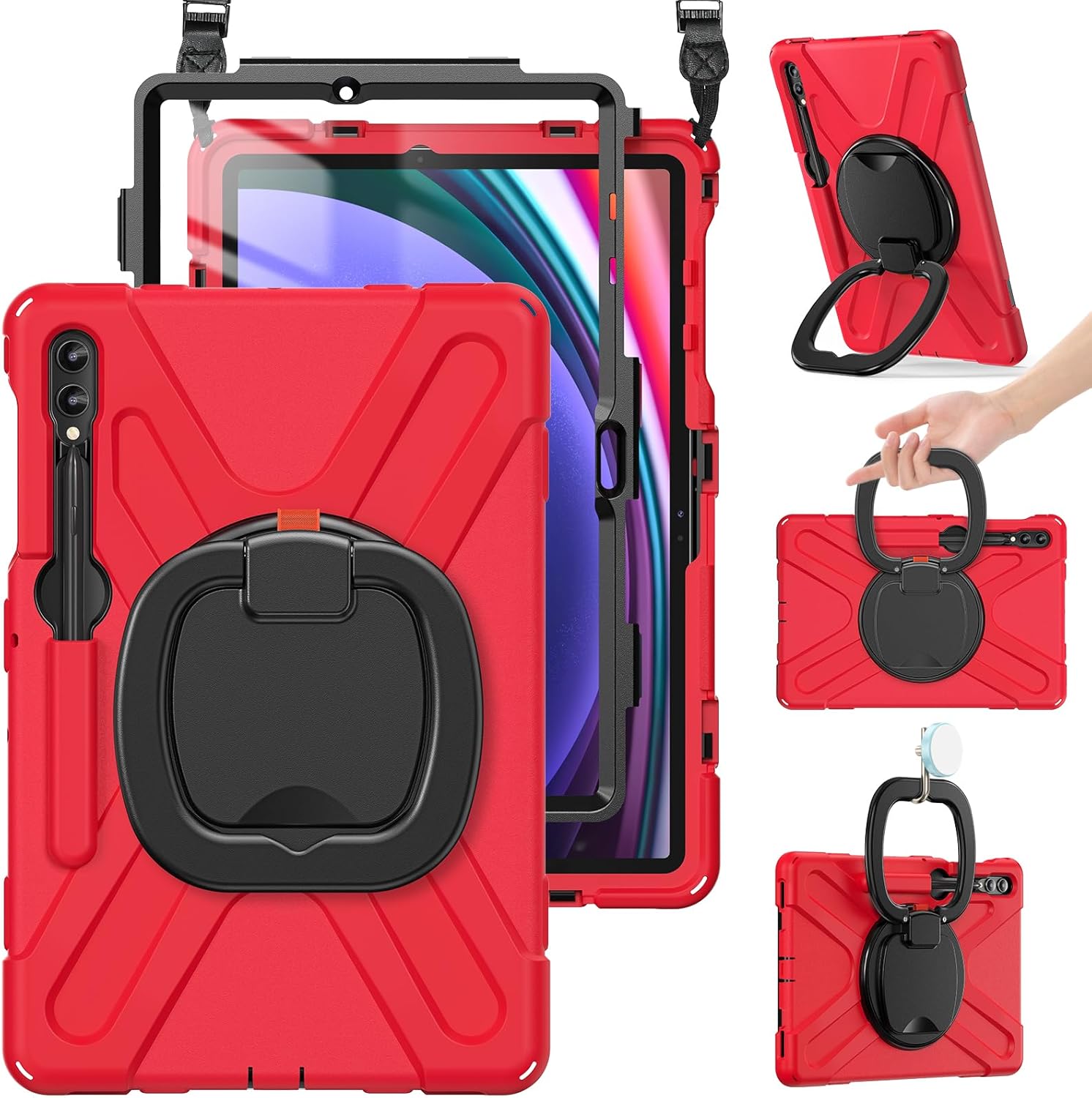 BRAECN Case for Samsung Galaxy Tab S10+/S9 FE+/S9+ Plus 12.4 Inch, Heavy Duty Silicone Case with Screen Protector, S Pen Holder, Stable Kickstand,Shoulder Strap for Galaxy Tab S8+/S7 FE/S7+, Black