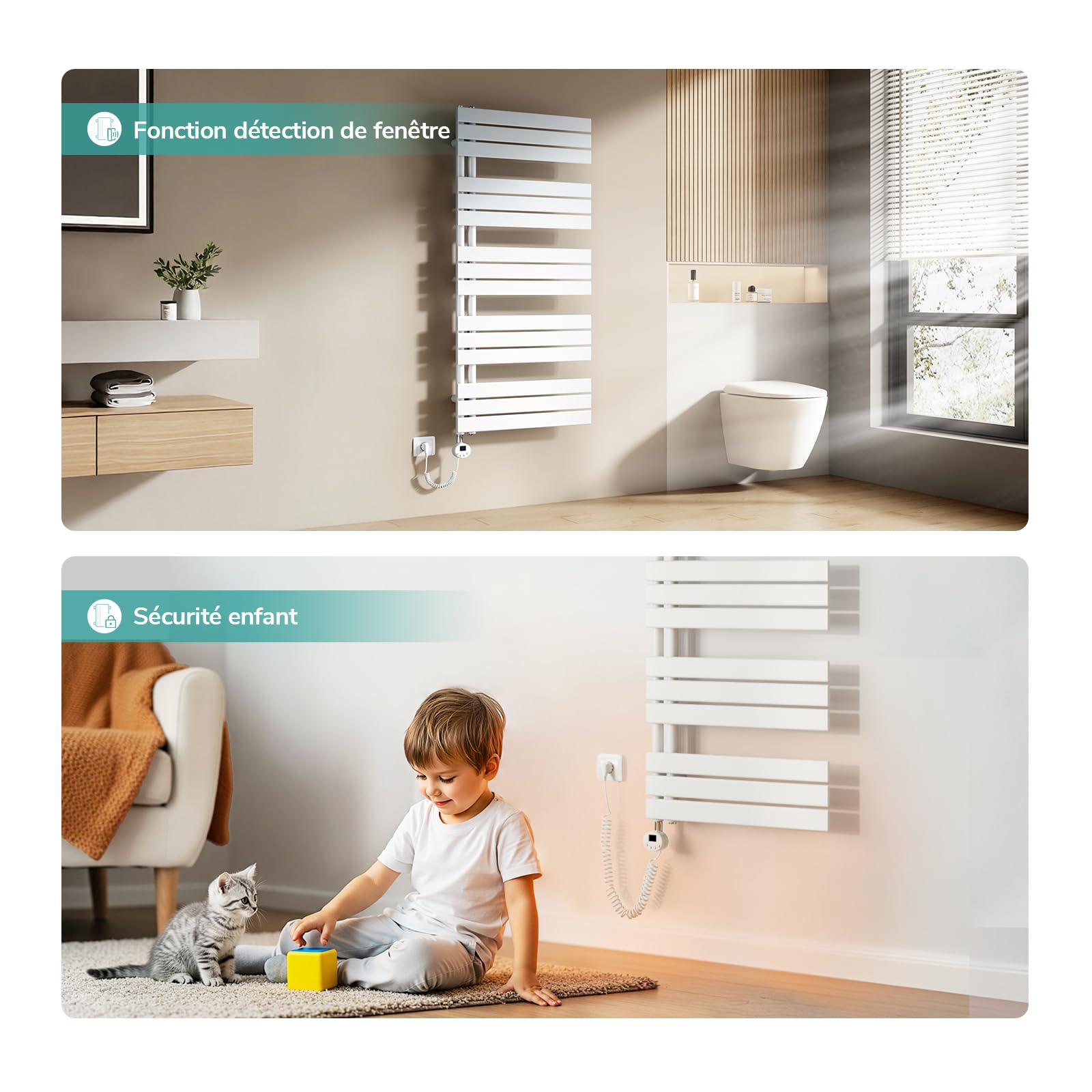 EMKE Sèche-Serviettes Électrique avec WiFi Thermostat,762x600 mm,Blanc | Seche Serviette Electrique,400 W ,Porte-Serviettes Électrique,Radiateur Seche Serviette Salle de Bain Mural