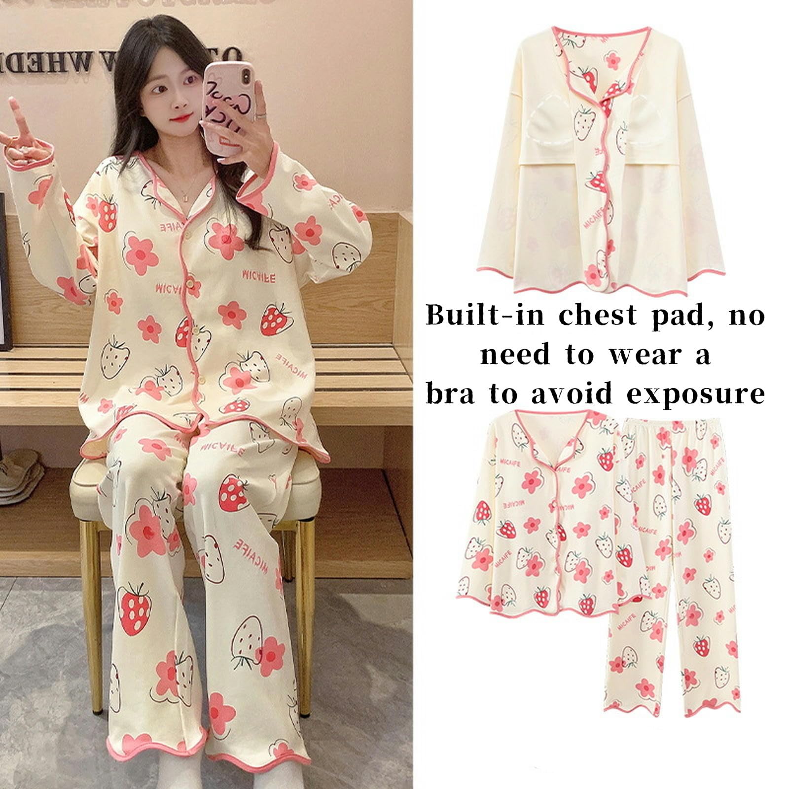 Pigiama Donna Pigiama da Donna in Stile Cardigan per Autunno E Inverno - Maniche Lunghe, Protezioni per Il Petto, Pantaloni Lunghi, Vestiti per La Casa in Cotone-Rosa-l