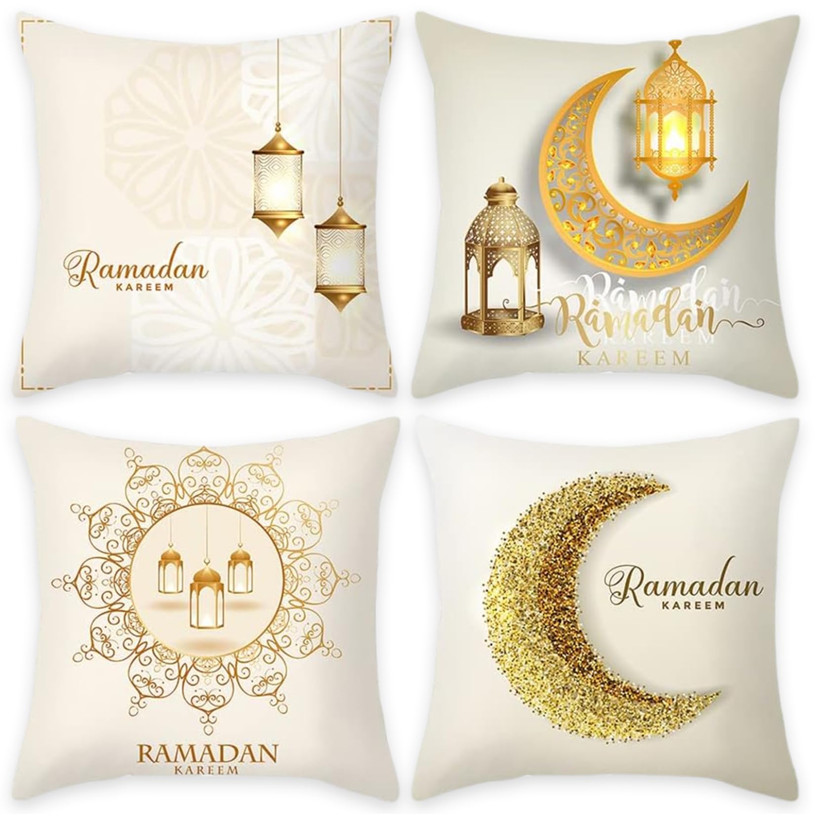 Monetais Ramadan Pillow Cove 4Pcs Ramadan Cushion Cover 18x18'' Moon Printing Throw Pillow Covers Set Double Sided Covers Islamic Muslim Decor for Couch Sofa Style 1, Cushion Cover
