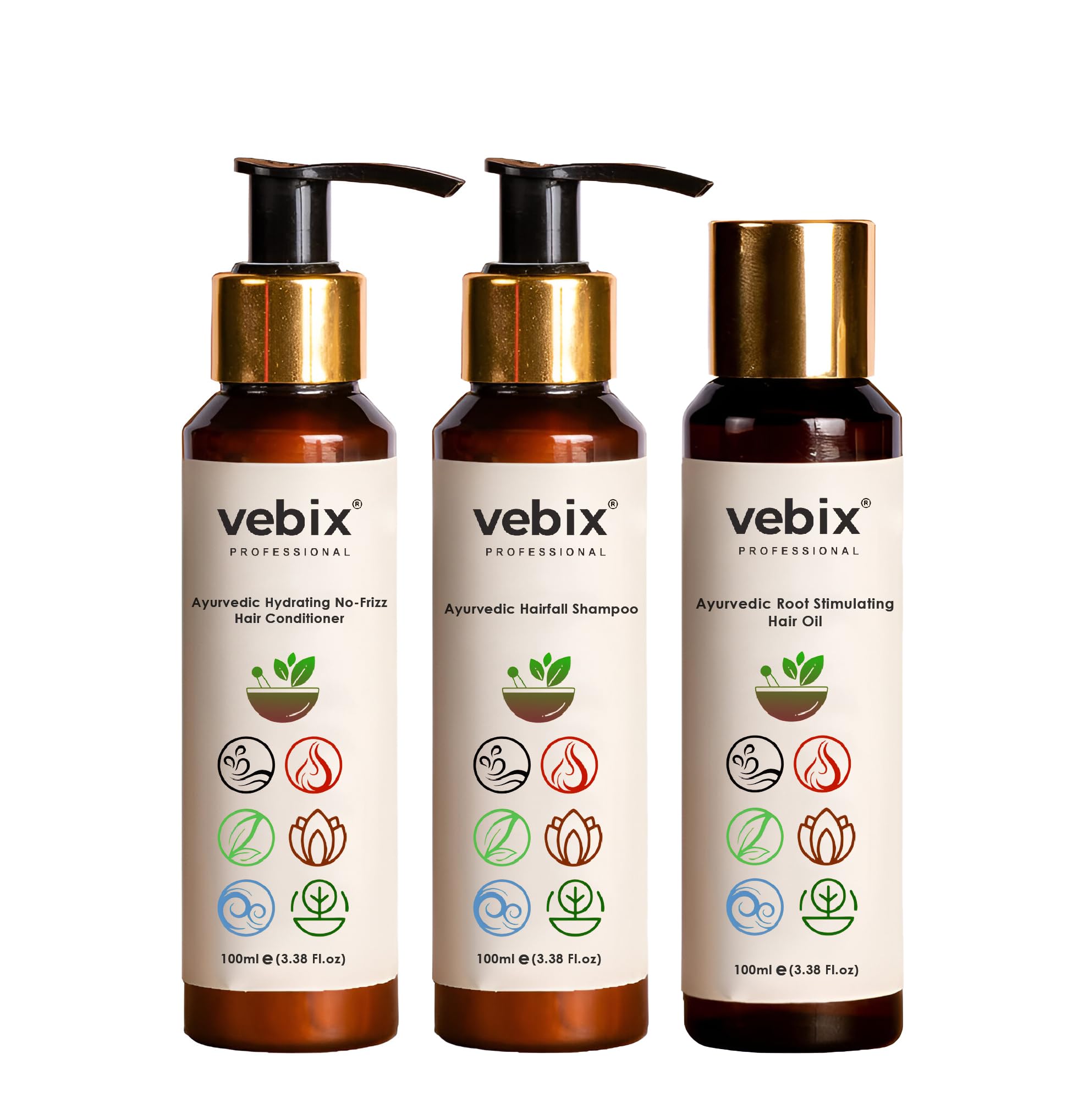VebixProfessional Customised Regimen HairCare -3 Ayurvedic Product Kit- HairFallControl- Lotus AntiHairfall Shampoo , Hair Keratin Conditioner & AntiHairFall Neem Oil (300ml)