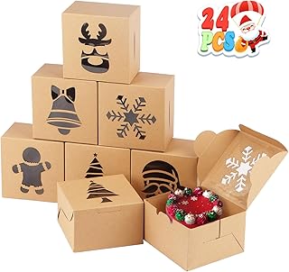 Fayavoo 24 PCS Christmas Cookie Boxes for Gift Giving, Small Cookie Tins Pretty Holiday Treat Boxes with Window, Kraft Paper Xmas Bakery Boxes for Candy, Cupcakes, Pastries, 4" x 4" x 2.5"