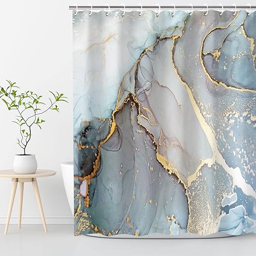 Miniatura 3 de RosieLily Cortina de ducha abstracta de mármol, juego de cortinas de ducha azul degradado con 10 ganchos, cortina de baño impermeable decorativa, 36