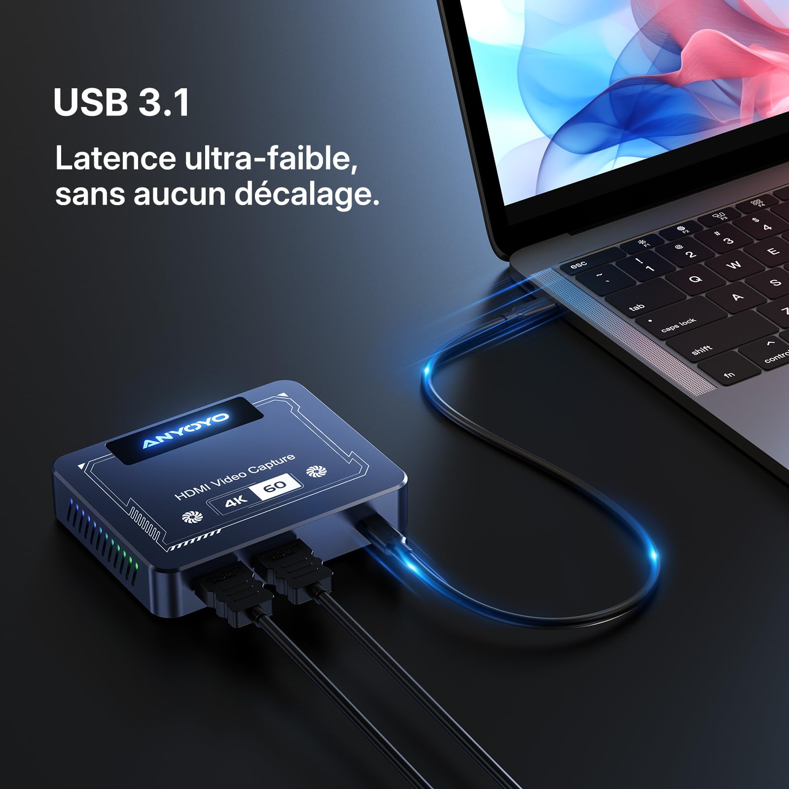 ANYOYO Carte de Capture Vidéo HDMI 4K60 HDR VRR, Capture Card 4K 60FPS Passthrough 240Hz, Acquisition Vidéo USB 3.0 Latence Quasi Nulle pour PS5, Switch 2, Xbox, PC, Mac