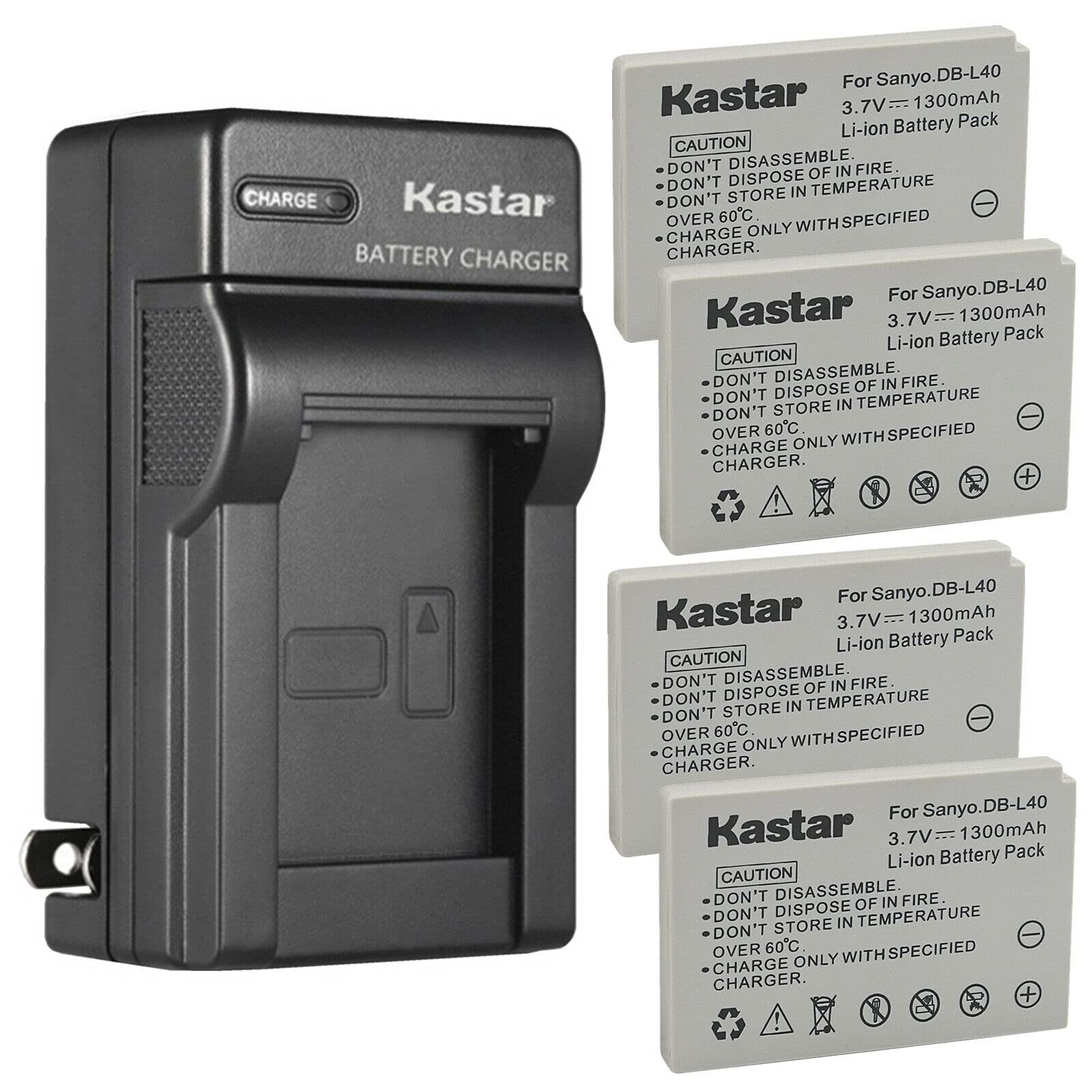 Kastar 4-Pack Battery and AC Wall Charger Replacement for Sanyo DB-L40 DB-L40AU Battery Xacti DMX-HD800 Xacti VPC-HD1 Xacti VPC-HD1A Xacti VPC-HD2