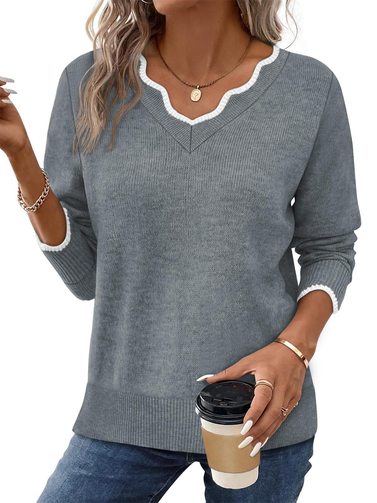 Womens Cozy V Neck Sweaters Long Sleeve Ribbed Knit Fashion Fall Dressy Casual Lightweight Pullover Tops Outfits