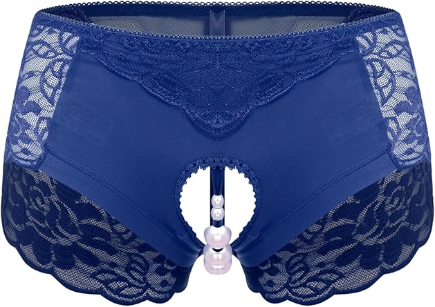 Womens See Through Floral Lace Sexy Panties Underwear with Faux Pearl Opening Crotch Thong Briefs