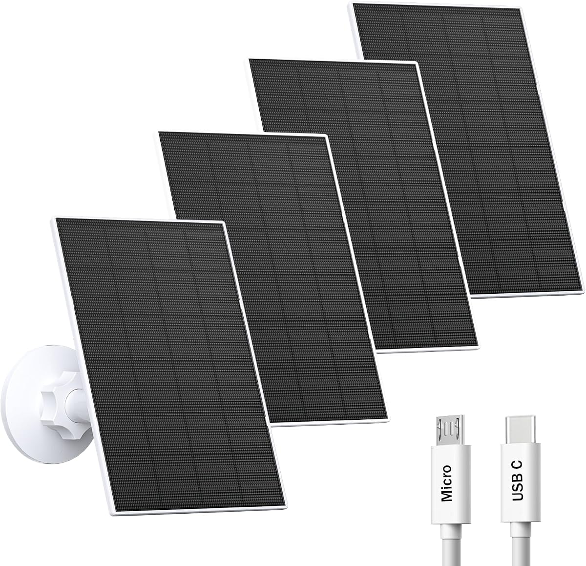 2W Solar Panel for Security Cameras, USB-C/Micro USB, 4 Pack White | IP65 Waterproof, 360° Adjustable Mount, 7.2ft Cable, Outdoor Camera Charging