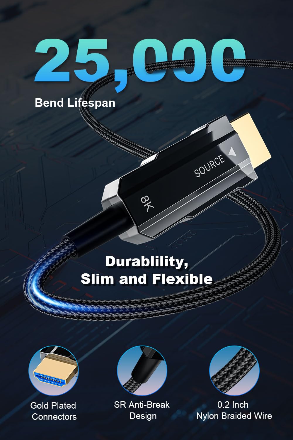 Cavo HDMI 2.1 lungo 8K, 9,1 m, cavo intrecciato in fibra ottica, cavo HDMI attivo ad alta velocità, 48 Gbps, 8K a 60 Hz, 4K a 120 Hz, HDR dinamico, eARC, HDCP 2.2 e 2.3, 3D, per HDTV, monitor, giochi