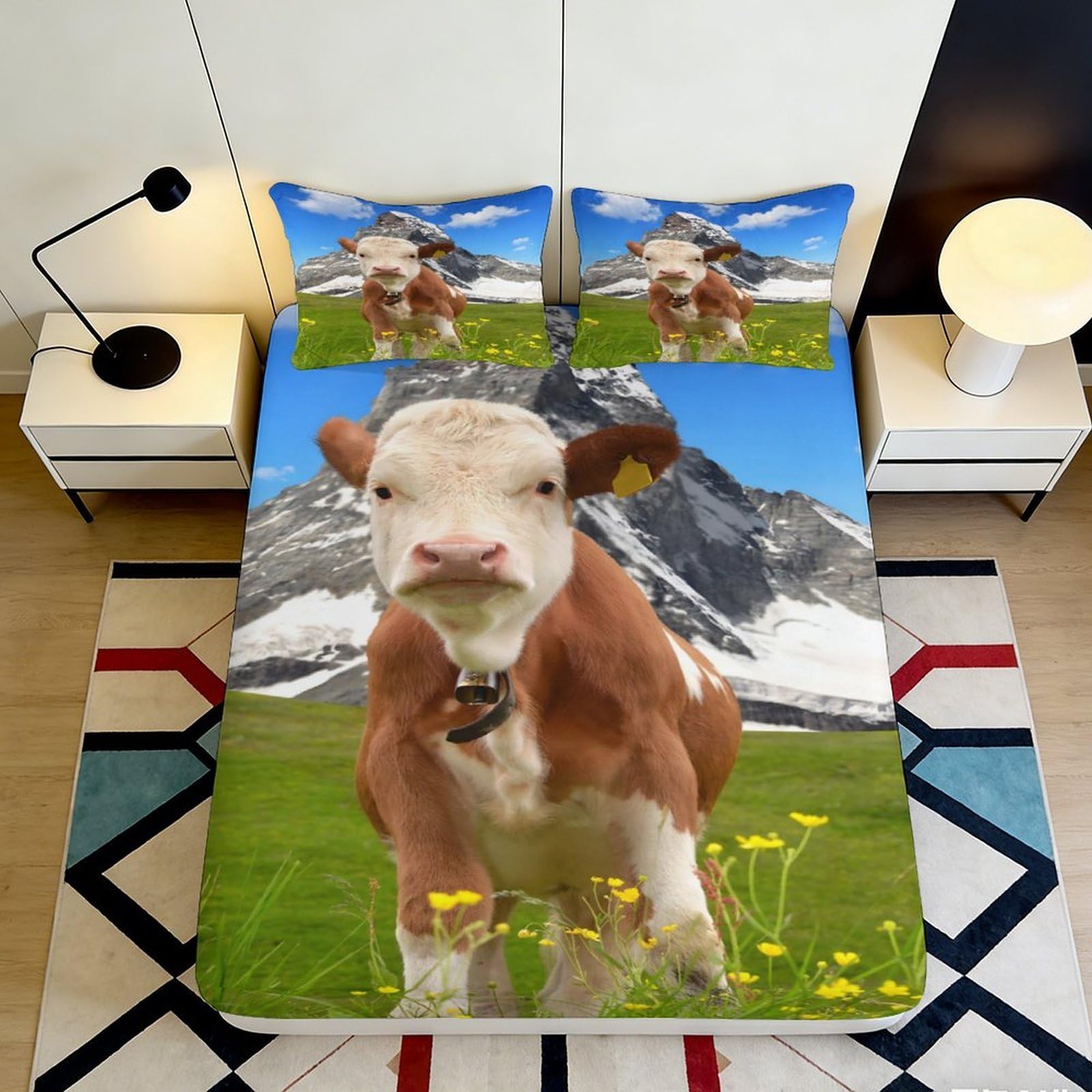 3D Printed Cow Pattern Fitted Sheet Microfiber Soft Breathable Mountain Meadow Bed Cover for Bedroom Dormitory Guest Room Mattress Protection Decor 140x200x25cm