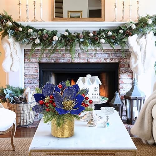 Miniatura 4 de Centro de mesa de Navidad verde de 9 pulgadas, 5 pulgadas, flor de magnolia con purpurina, bayas doradas, abeto, vegetación, centro de mesa