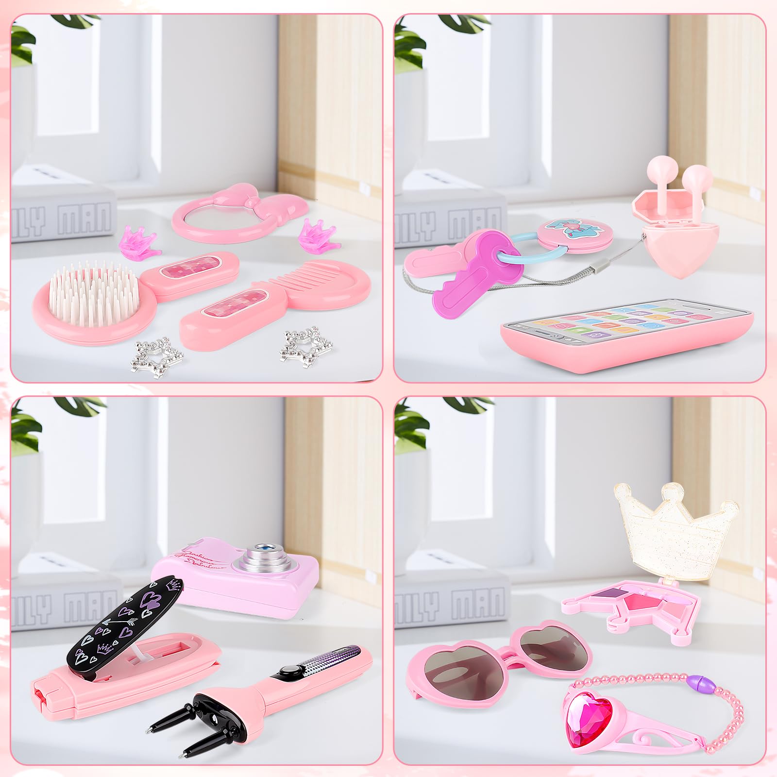deAO Maquillaje para Niñas,Juego de Belleza Estilismo y Moda Conjunto de Accesorios Fashion Bolso de Mano Incluye Maquillaje Artificial Teléfono y Cámara de Juguete
