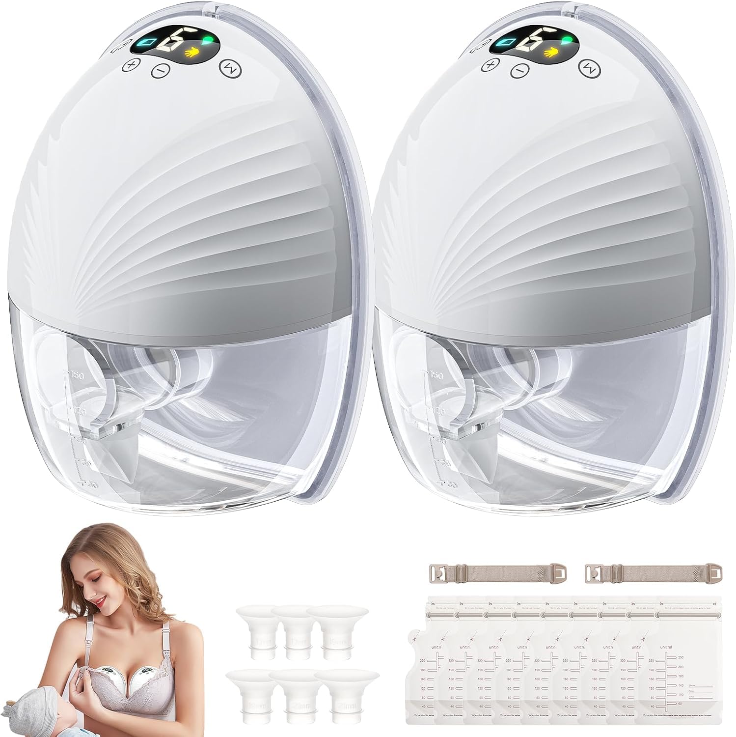 Tire-lait mains libres, tire-lait électrique portable unique, extracteur de lait sans fil, écran LCD, 3 modes et 9 niveaux, sans douleur, faible bruit, tire-lait pour bébé, blanc