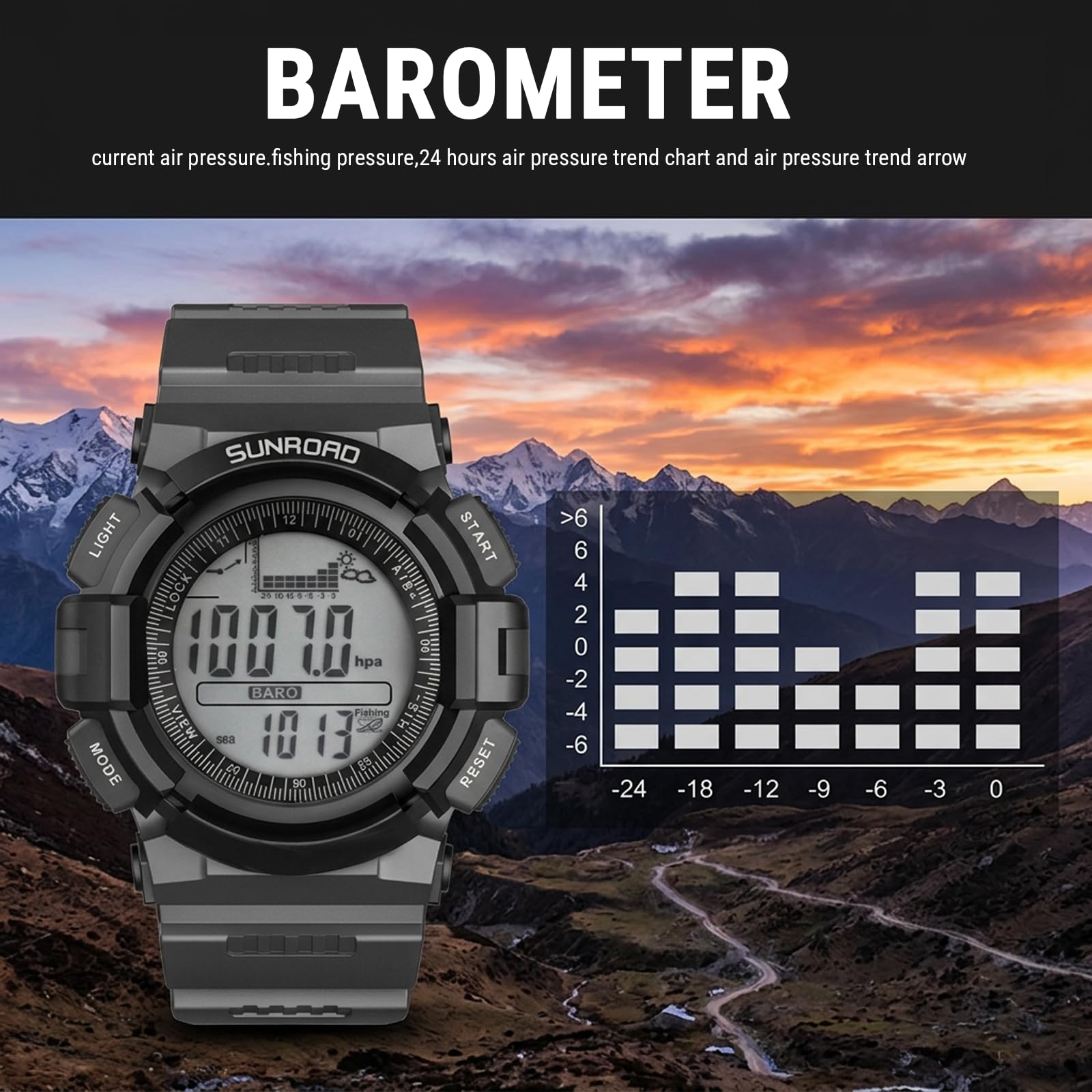 Herren Digitaluhr Sport 5 ATM Wasserdicht mit Backlight für Angeln | Angeln Herren Uhren Digital Sport mit 6 Angelplätze, 24 Stunden Luftdruckkurve, Höhenmesser, Thermometer, Wettervorhersage