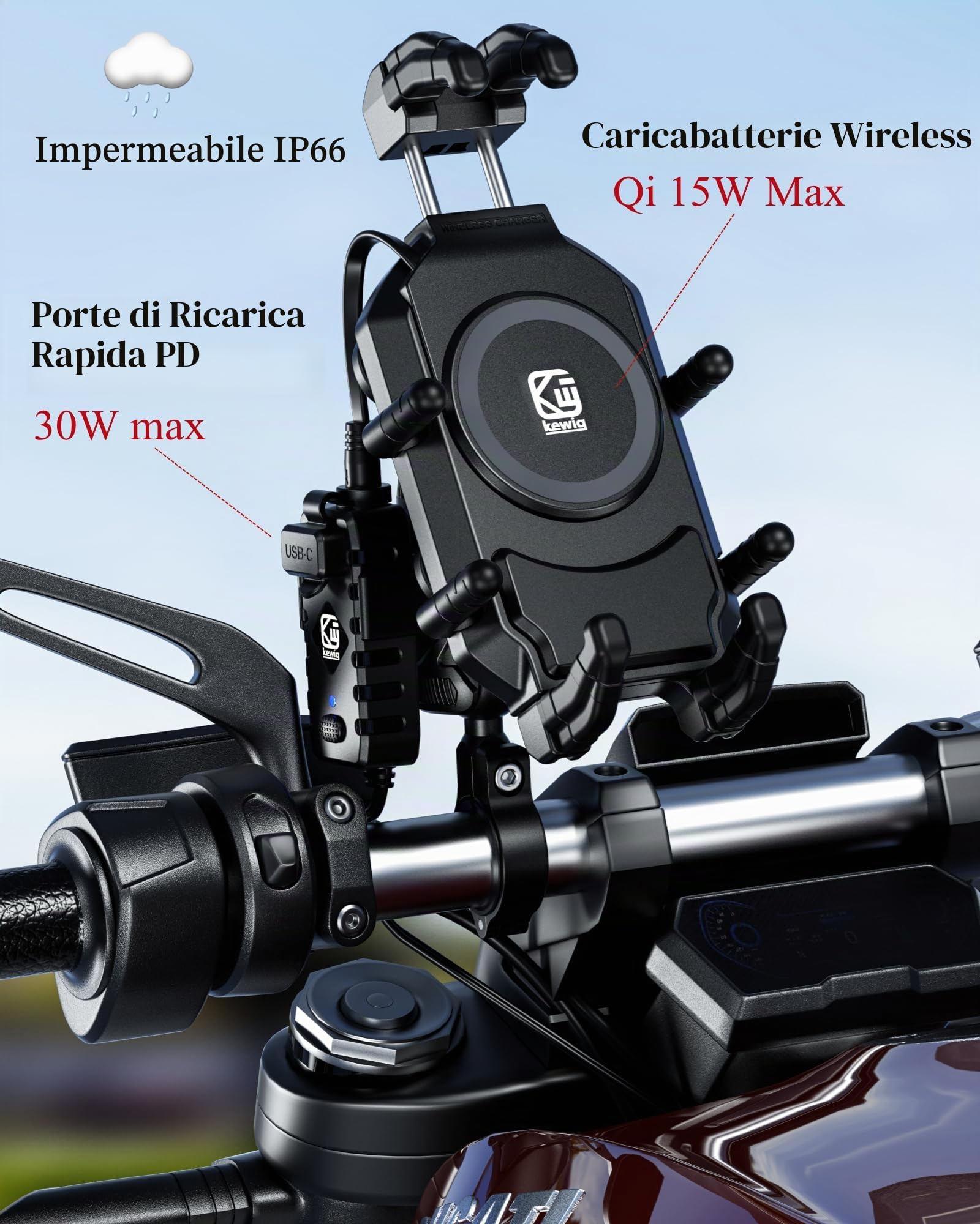 BRCOVAN Supporto per telefono da moto con caricabatterie wireless Qi e USB-C | Qi 15 W e PD 30 W, supporto antifurto per cellulare da manubrio con antivibrazioni, regolabile per smartphone da 5,4 a 7,2 ''