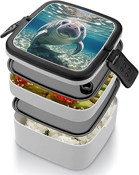 Bento Box Adult Lunch Box Lunchable Food Container with Utensil Ocean Animal Manatee Lunchbox Leak-Proof Lunch Containers Double Layer Bento Box for Dining Out Work Picnics Travel