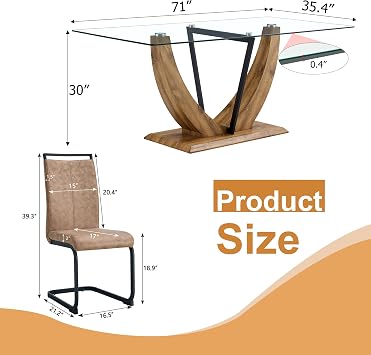 Ebullient 71''Glass Dining Table Set for 6, Modern Dining Room Table Set for 6 with Brown PU Leather Dining Chairs, Rectangular Kitchen Table Chairs Set with Wood U-Shape Table Leg for Dining Room