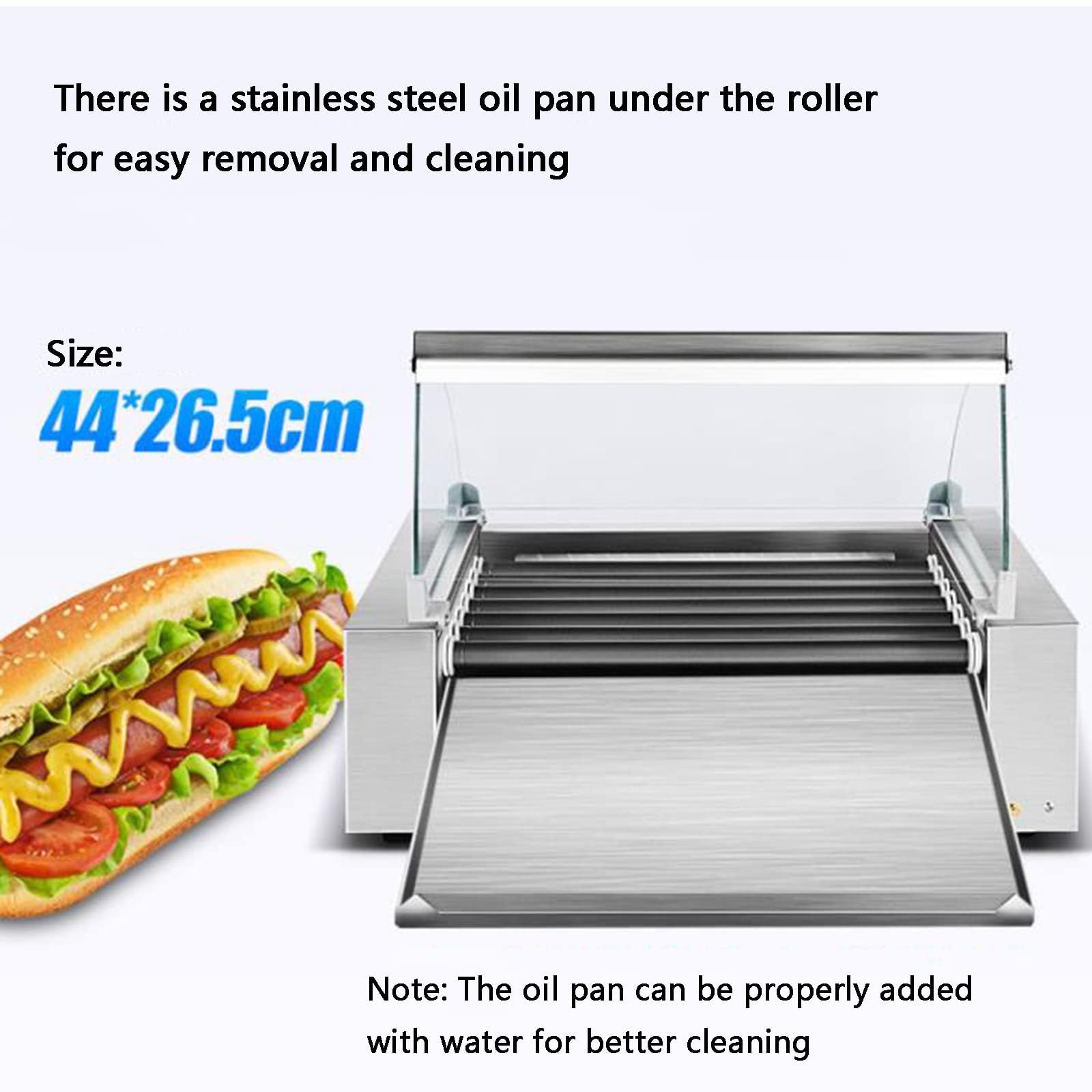Máquina de rodillos para perros calientes, perritos calientes cocinados, parrilla de salchichas doméstica comercial, bandeja extraíble y cubierta de vidrio