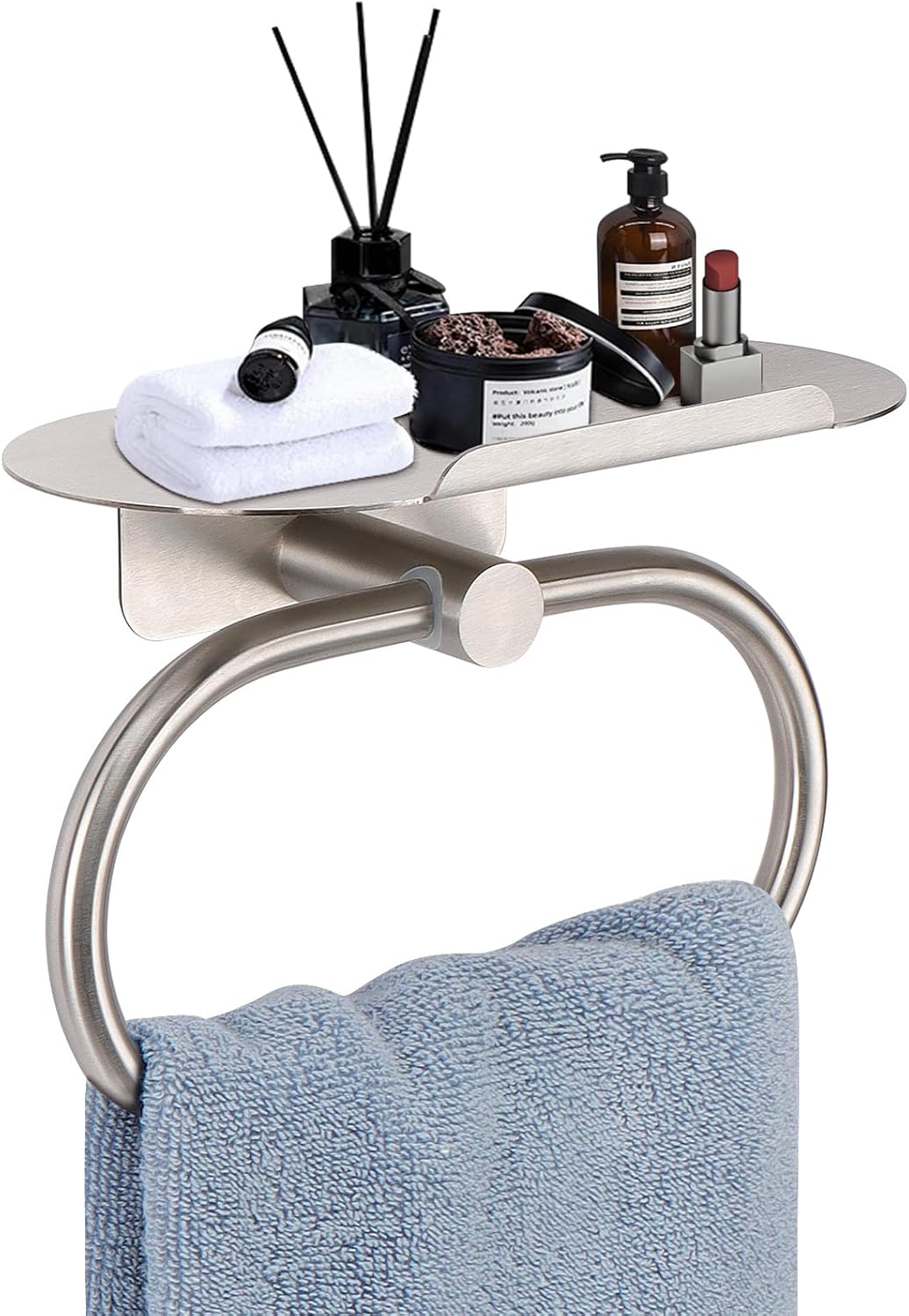 Hand Towel Ring with Shelf, Stainless Steel Hand Towel Holder, Heavy Duty Bath Accessories, Wall Mounted Towel Hanger for Bathroom Kitchen (Brushed Nickel)