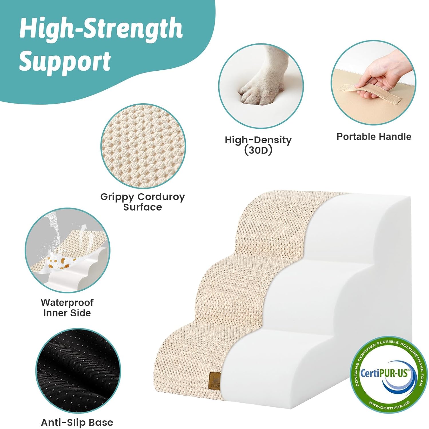 Dog Stairs for Small Dogs 13" H, 3-Step Slope Curved Dog Steps for Couch, Chair or Bed, Sturdy Pet Stairs for Puppy, Older Cat, Cat Ladder with High Density Foam, 15.7x20x13 inch, Beige